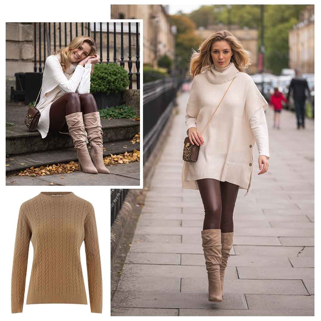 Jorli Knit Jumper and Roll Neck in a soft White and Camel knit
