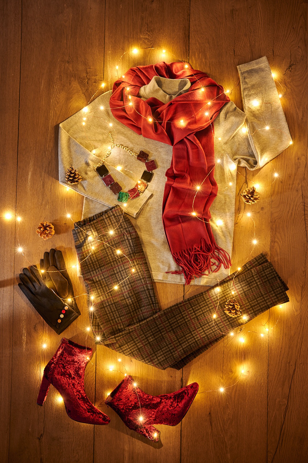 Robell Flat lay Christmas Outfit Rose Brodie Check and Sunday Turtle Neck Jumper