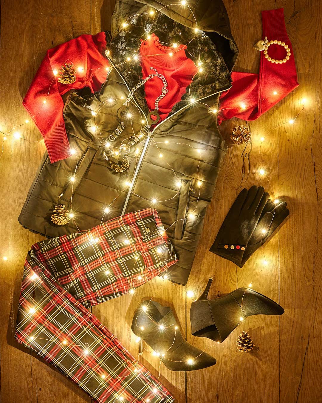 Christmas tartan trouser outfit idea with a black reversible gilet