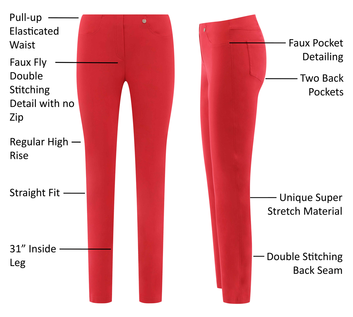 Ladies Pull On Straight Smooth Super Stretch Elasticated Trousers