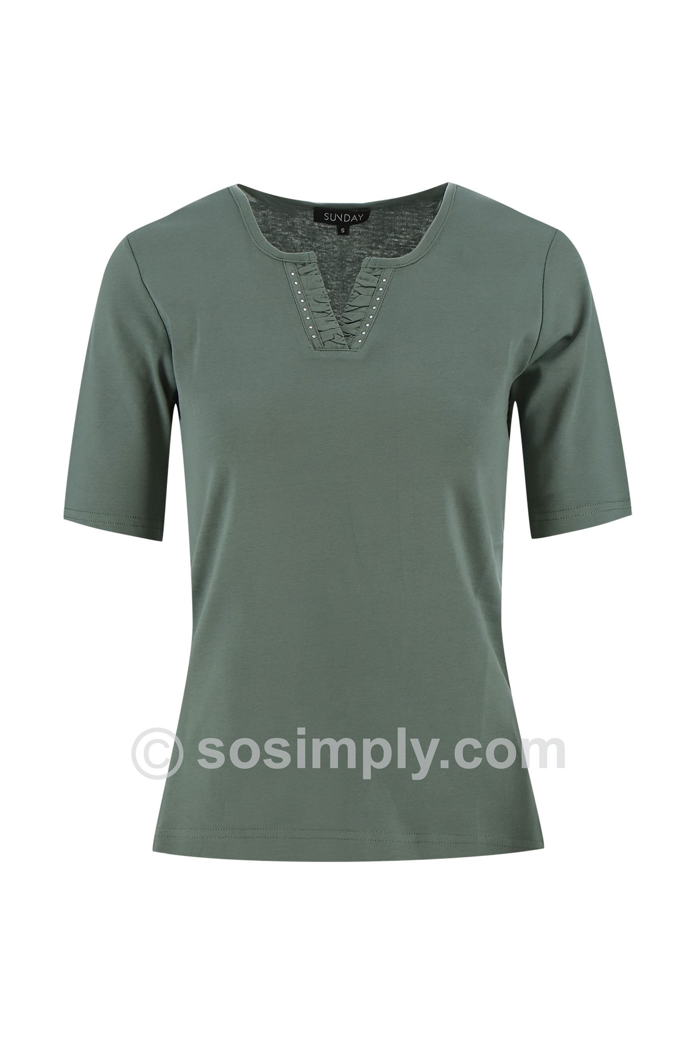 Sunday Round Split Diamante Cotton T-Shirt Olive Green 87