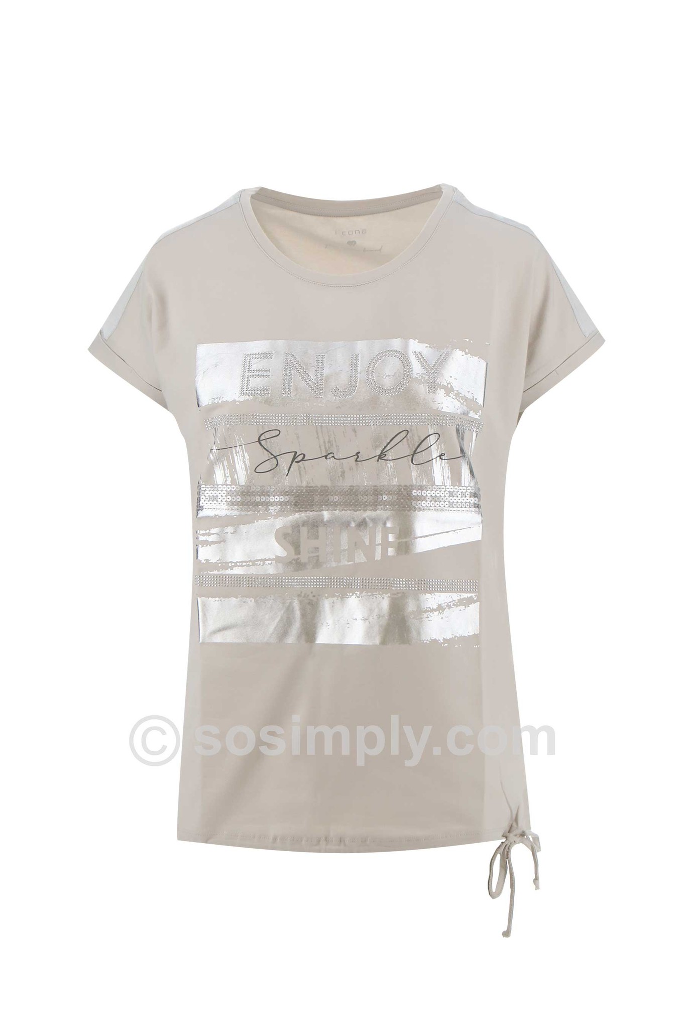 I'cona Metallic Graphic Drawstring Hem T Shirt Sand 130