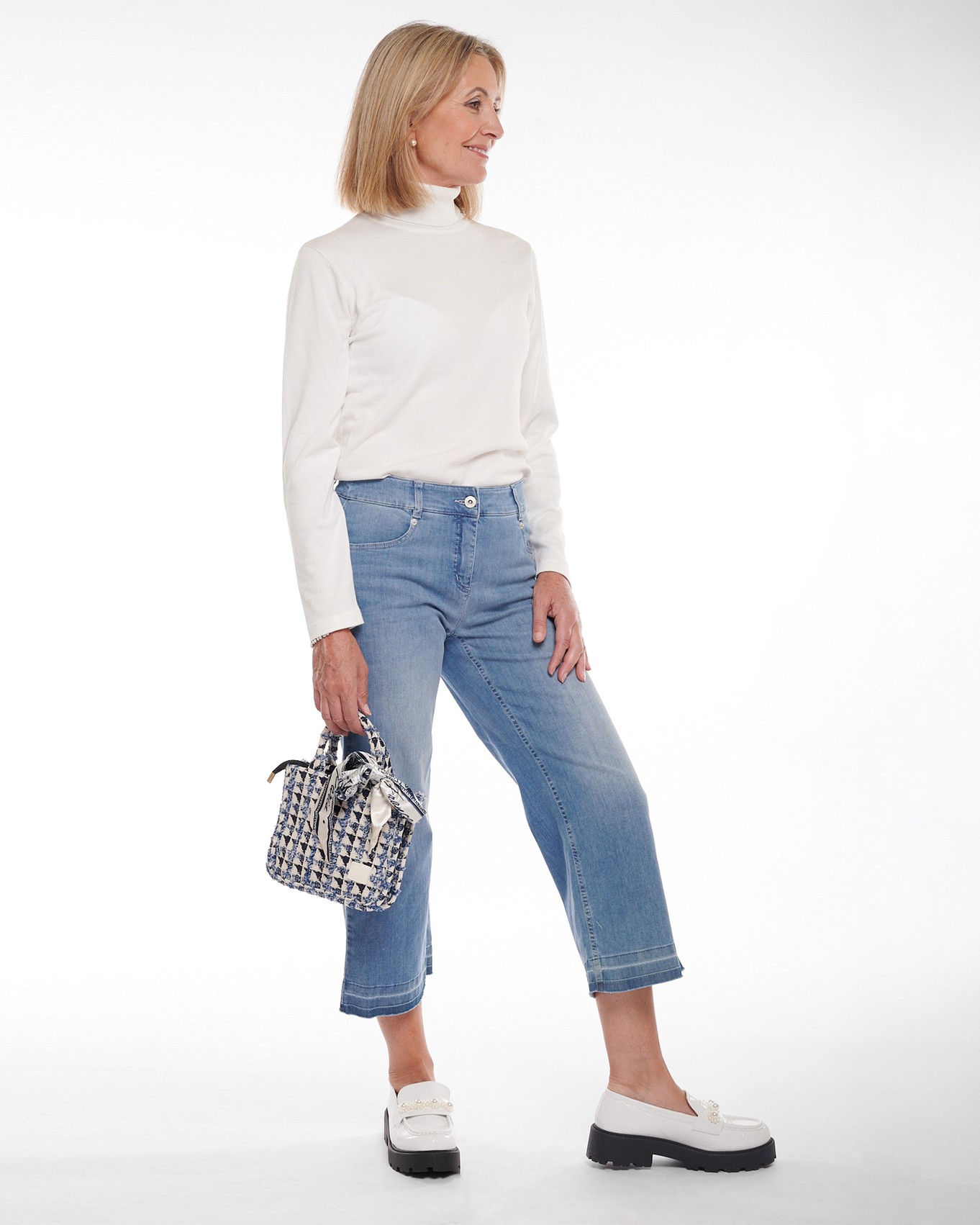 Light Denim Culotte with Fine Knit Roll Neck and Loafers