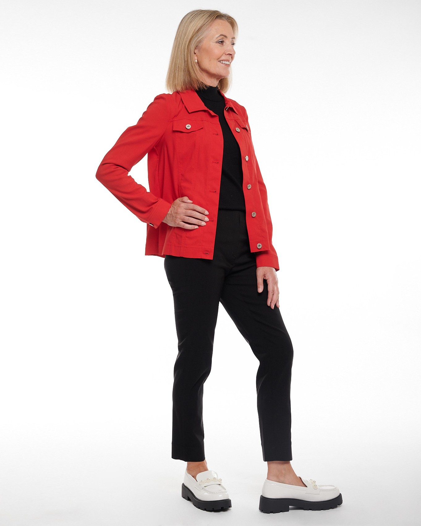 Red Robell Happy Jacket with Fine Knit Roll Neck and Black Trousers Outfit
