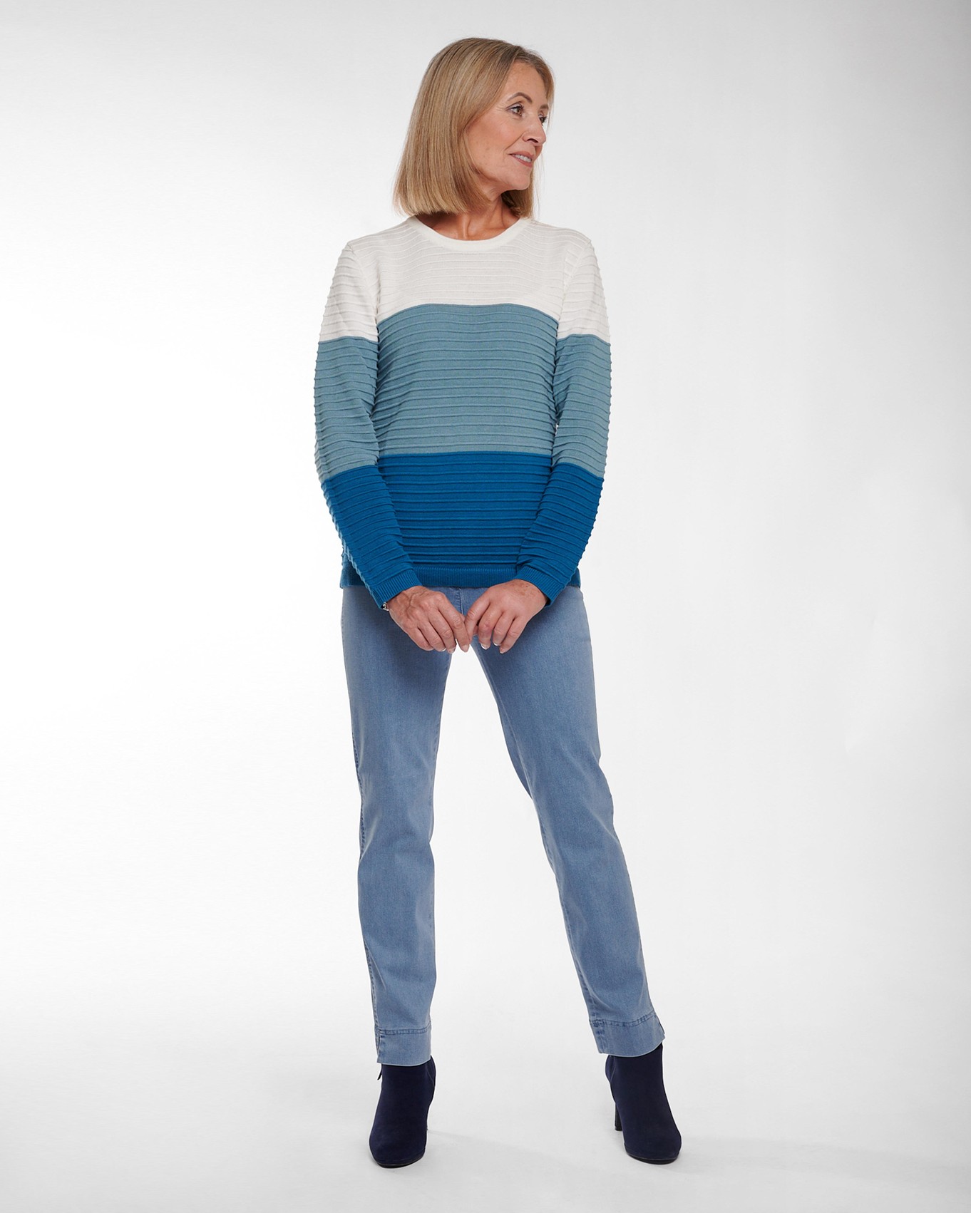 Blue Stripe Knit Jumper and Light Denim Jeans