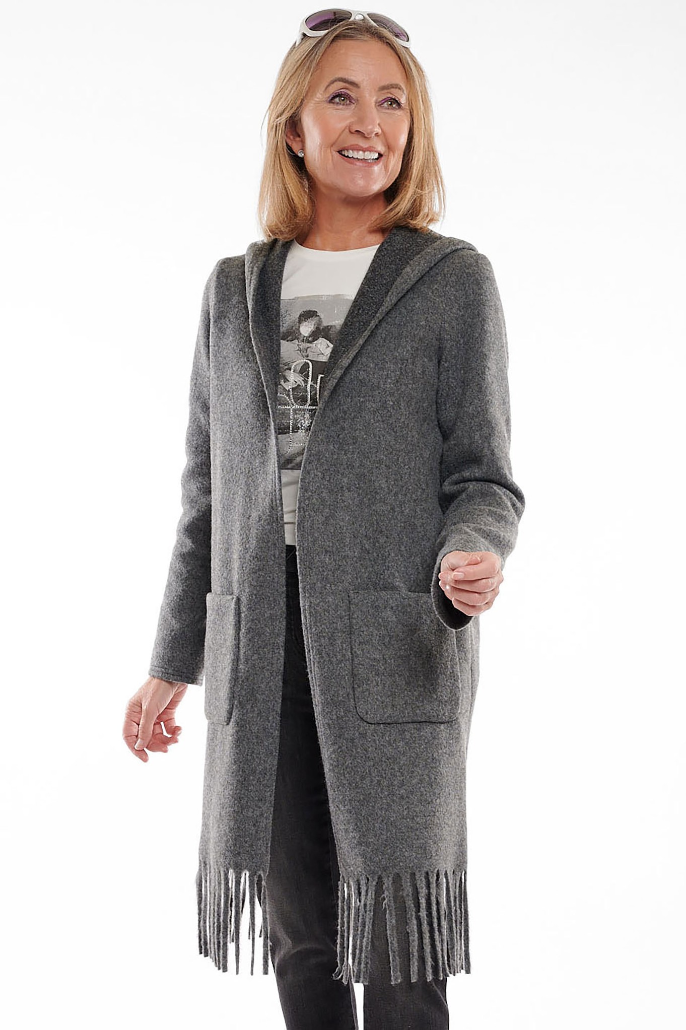 I’cona Luxe Fringed Long Coat Lead Grey 98