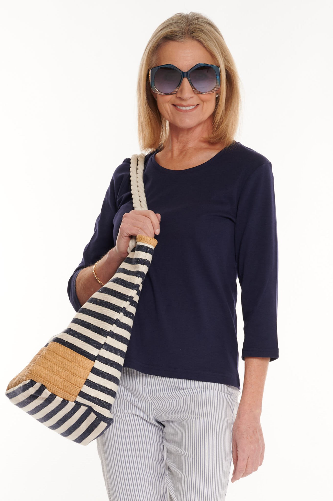 Sunday Scoop Neck Cotton Top 3/4 Sleeve Navy 69