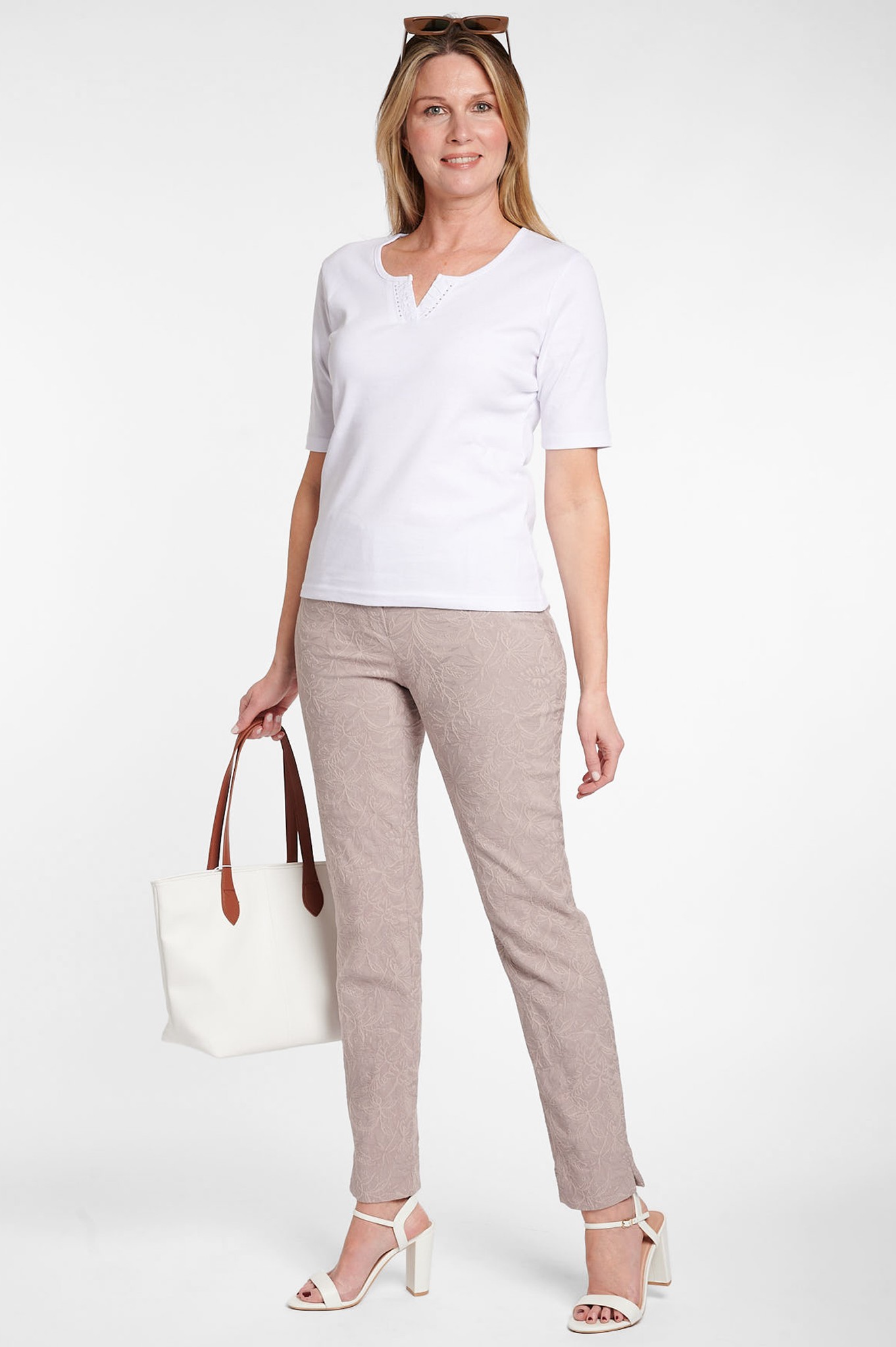 Robell Marie Leaf Jacquard Trouser Light Taupe 13