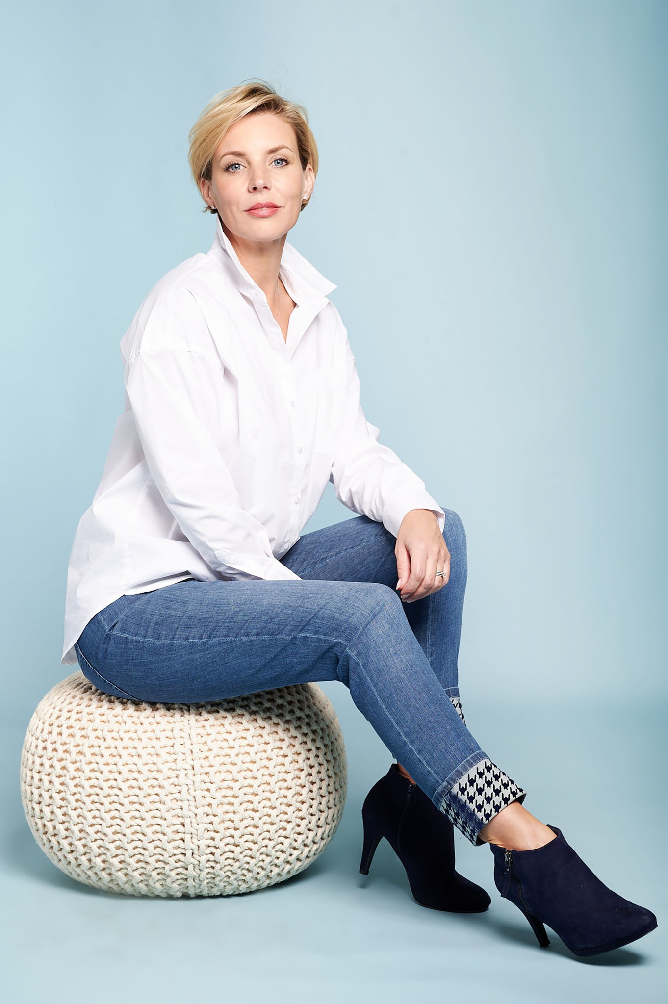 Robell Rose 09 Houndstooth Turn Up Denim Jean Natural Denim 64