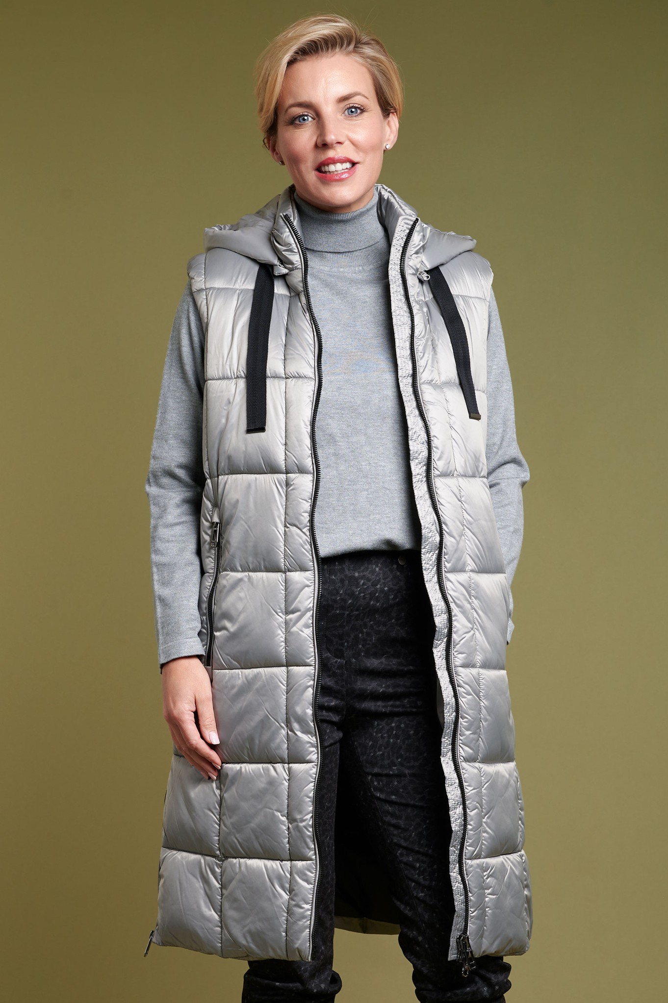 Frandsen Kamille Padded Hooded Longline Puffer Gilet Metallic Pewter 96