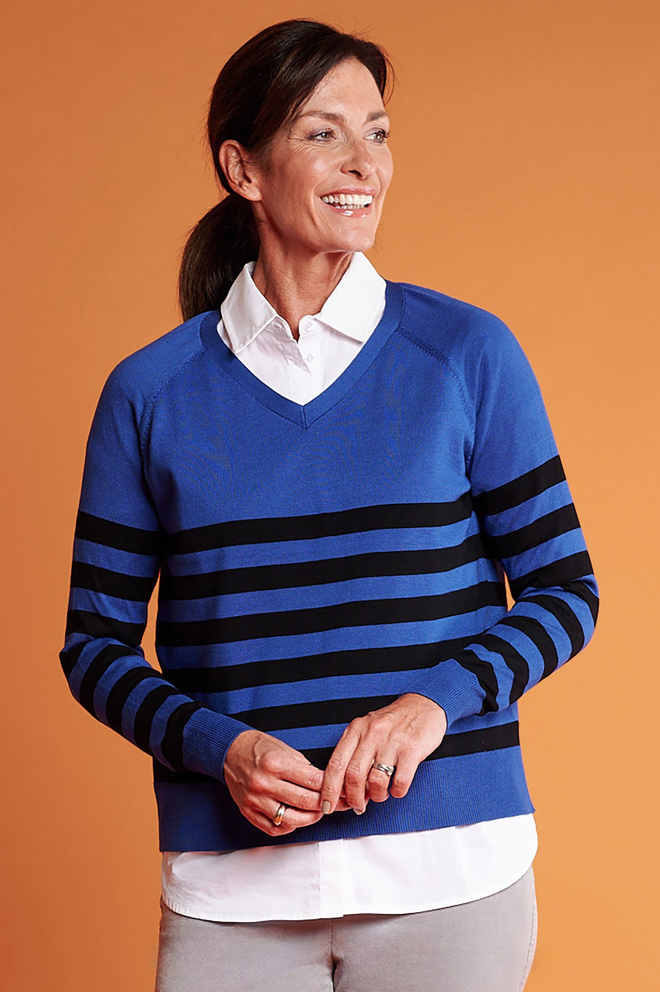 Sunday Martina Stripe V Neck Jumper Cobalt Stripe 650