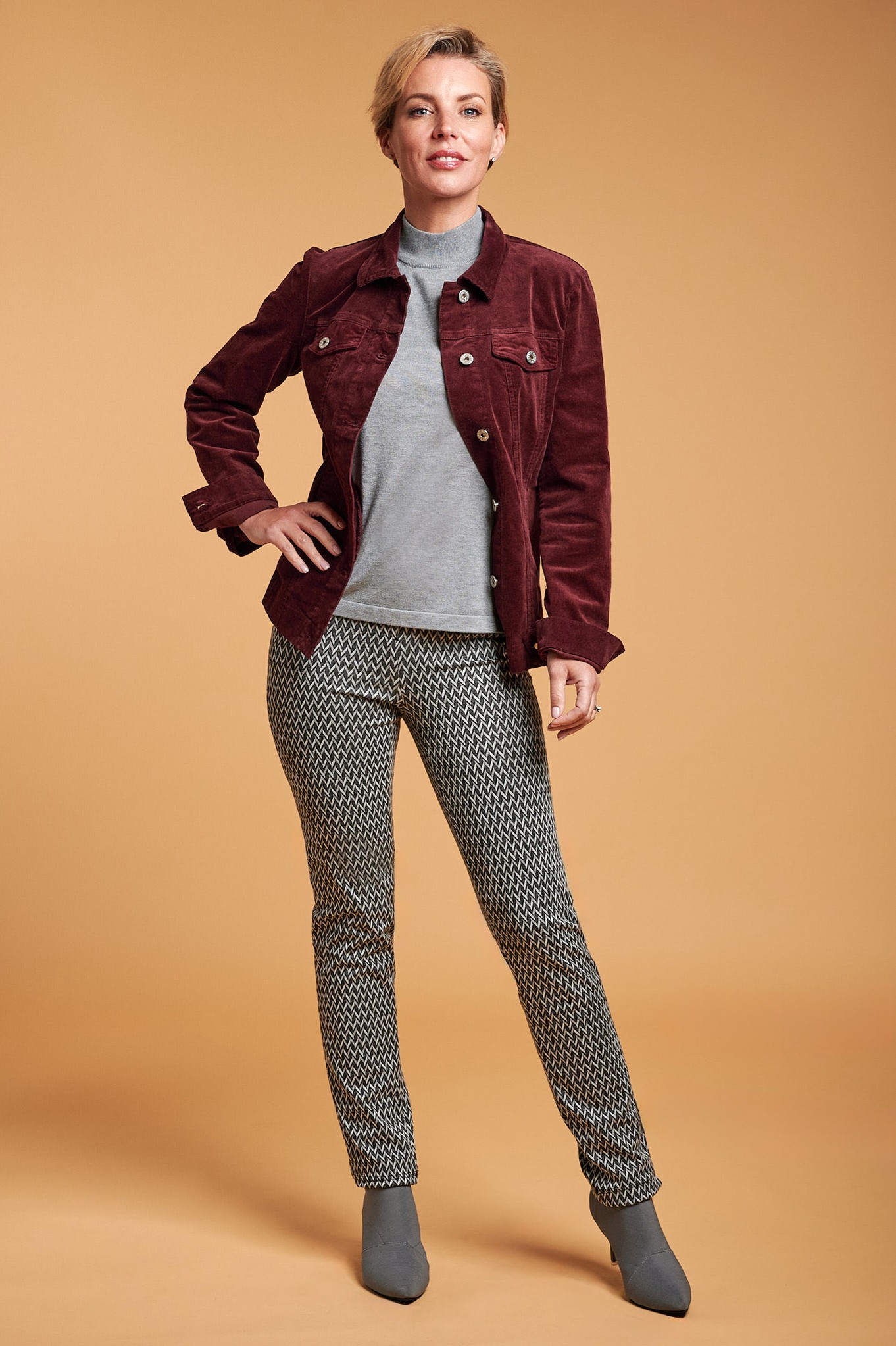 Robell Rose Geometric Chevron Stripe Trouser Grey Chevron Pattern 95