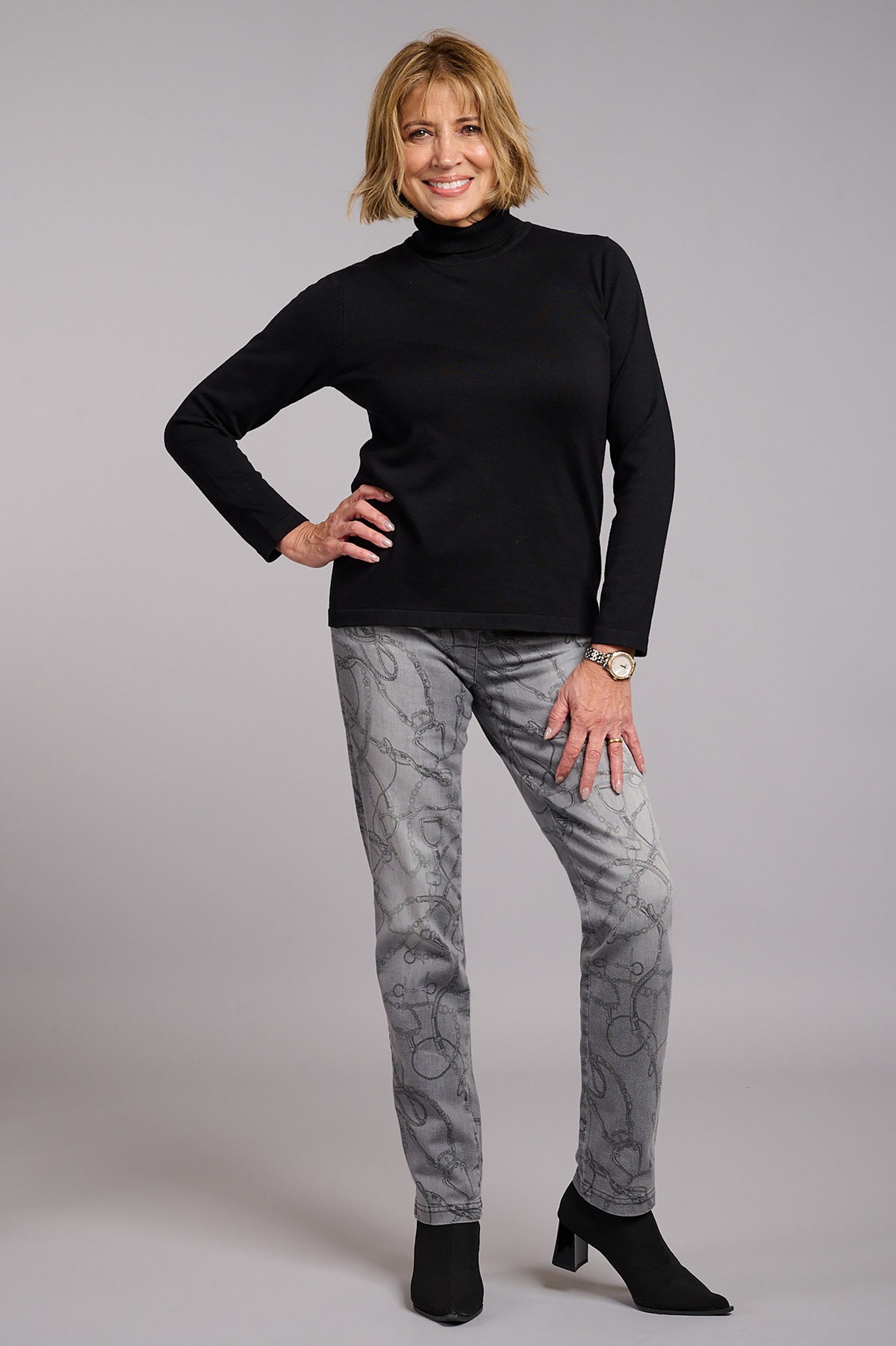 Robell Rose Slim Fit Snaffle Print Denim Jean Dark Grey 95