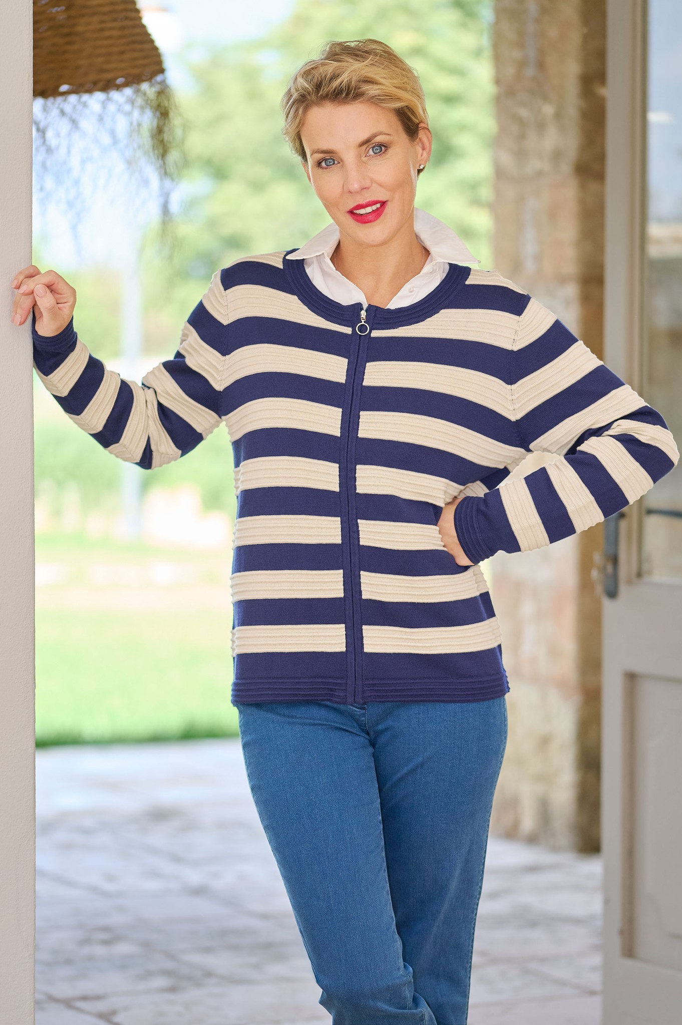 Sunday Doriana Stripe Zip Cardigan Beige / Blue Stripe 14