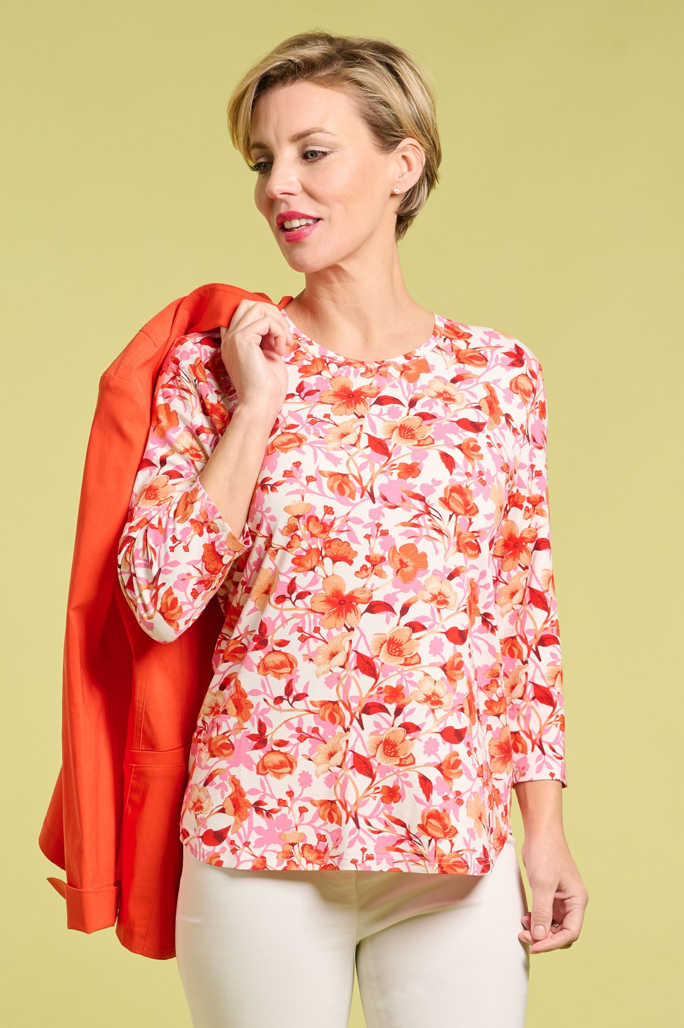 Sunday Cadenza Round Neck Floral Top Pink / Orange Mix 570