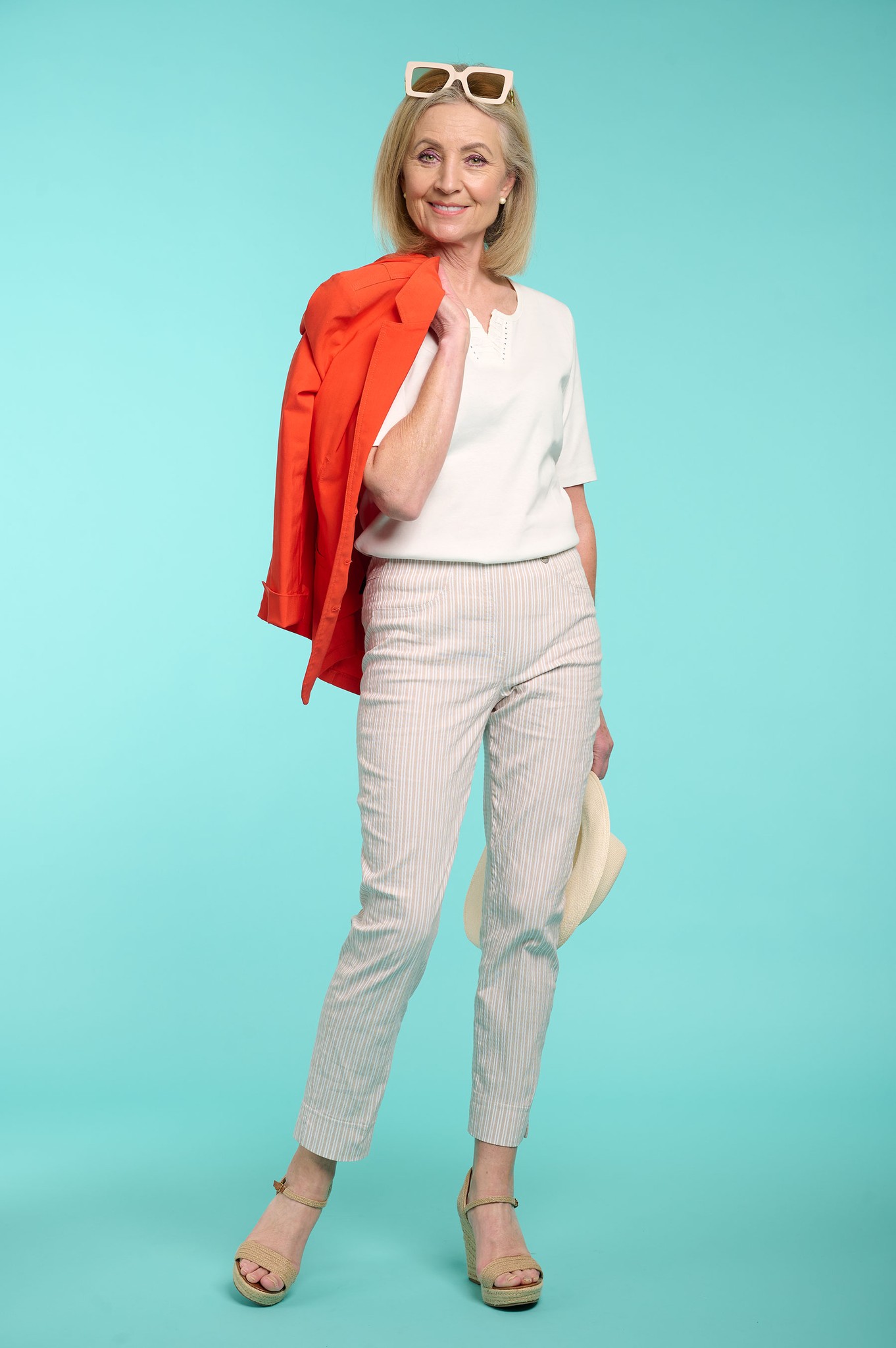 Robell Bella 09 Ticking Stripe Seersucker Ankle Grazers Beige 14