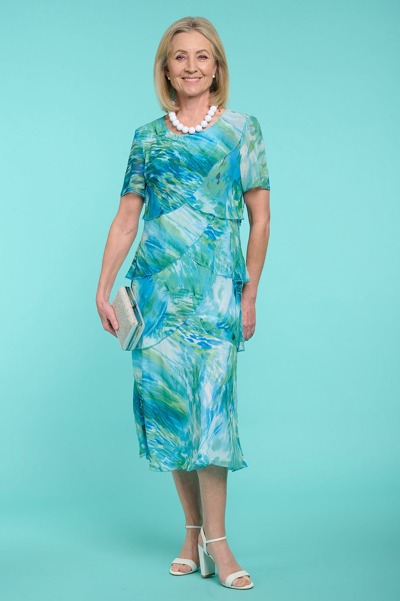 Habella Carmen Tier Abstract Print Dress Turquoise Aqua Mix 73