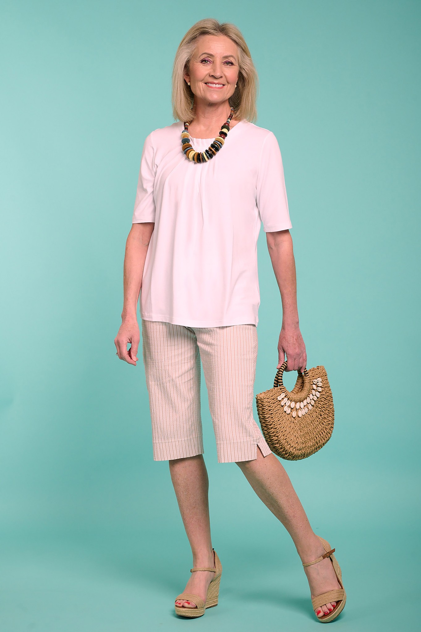 Robell Bella 05 Ticking Stripe Seersucker Shorts Beige 14