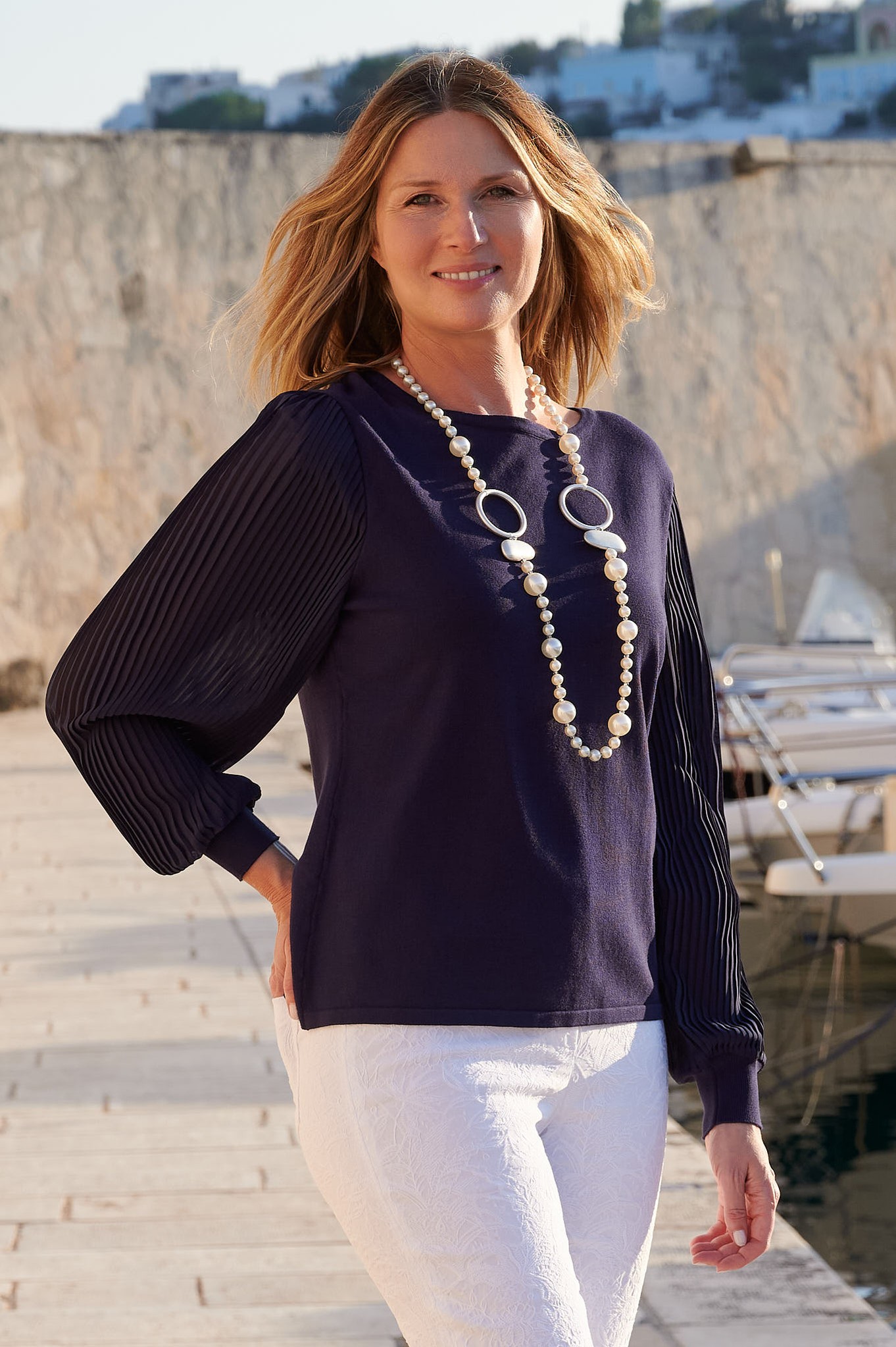 Habella Olana Pleated Knit Jumper Navy 69