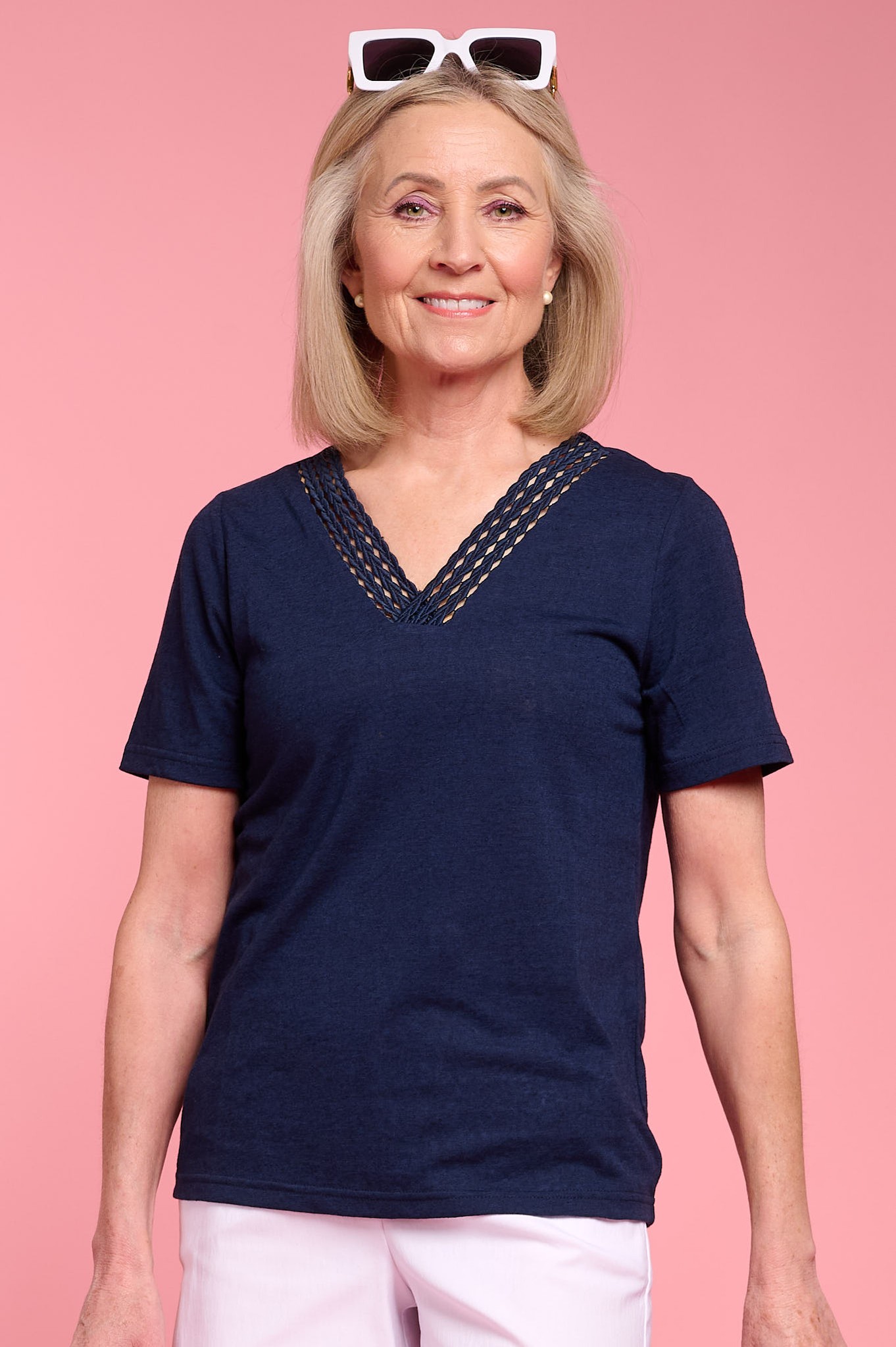Sunday Enola Crochet V-Neck Top Indigo Blue 67