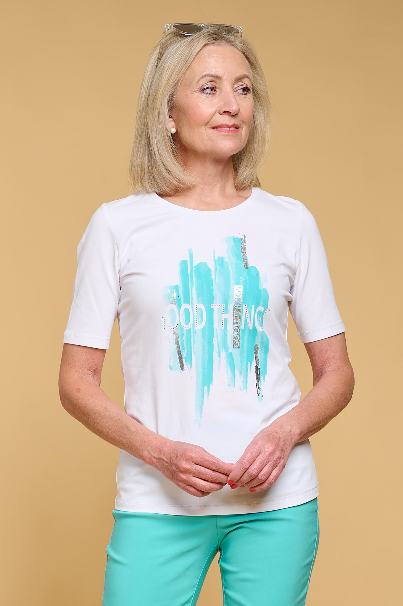 I'cona Good Things T Shirt Aqua Print on White 76