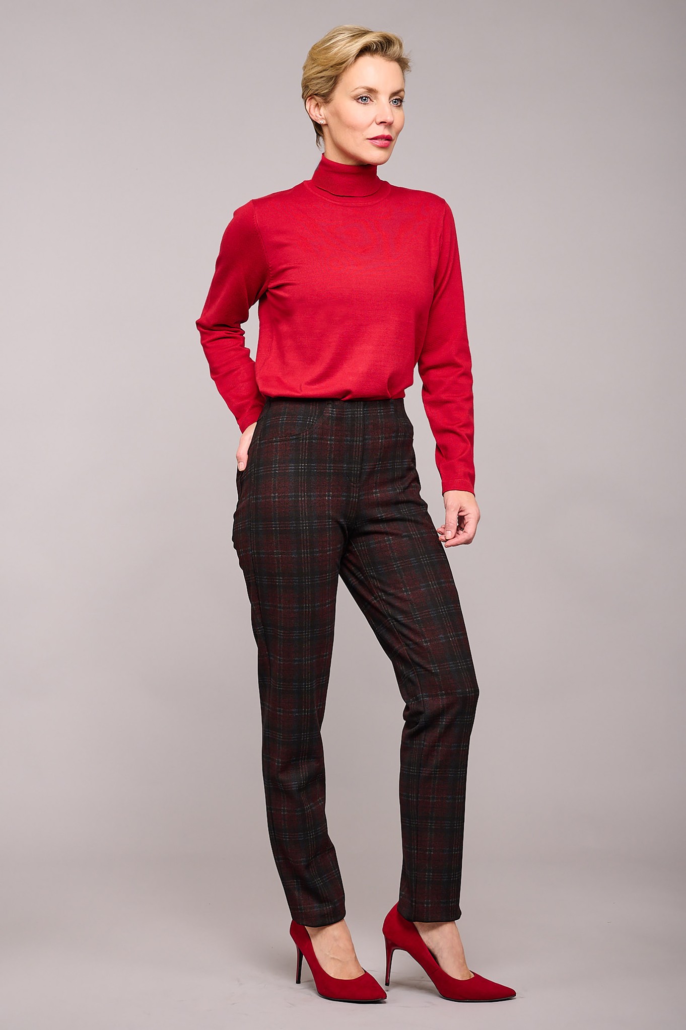 Robell Bella Brodie Tartan Check Trouser Red 40