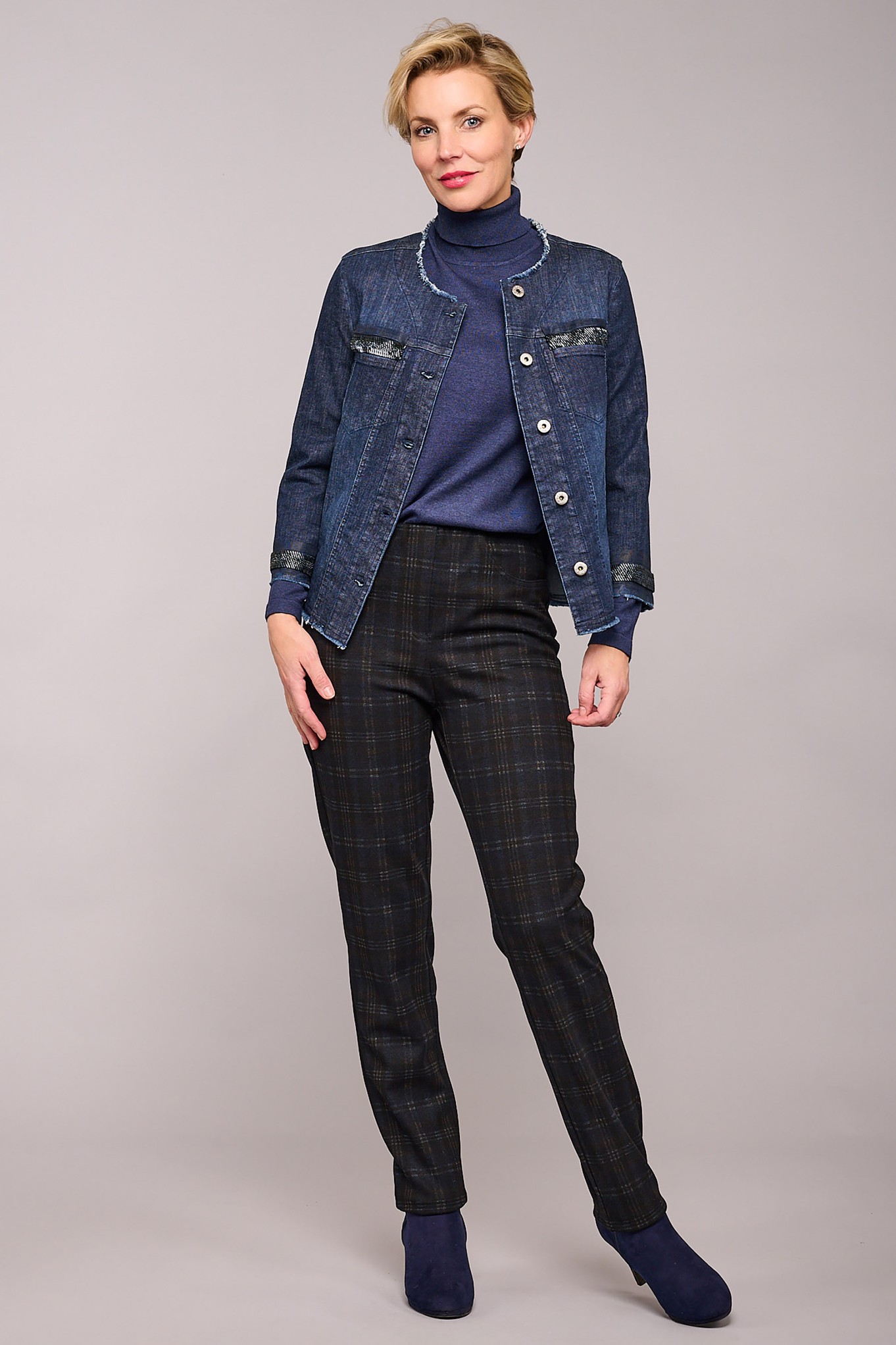 Robell Bella Brodie Tartan Check Trouser Navy 69