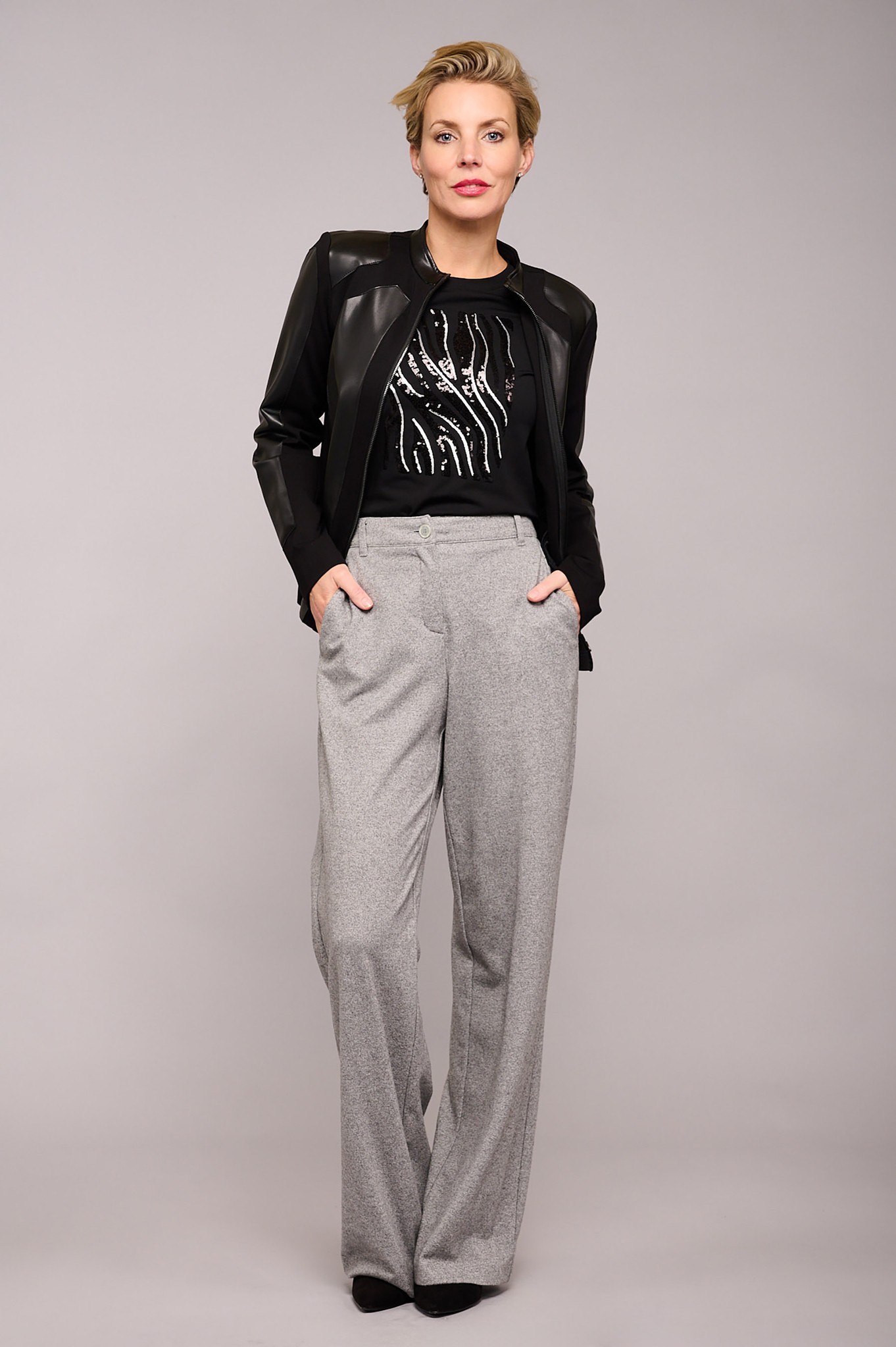 Robell Cloe Flannel Wide Leg Trousers Mid Grey 791