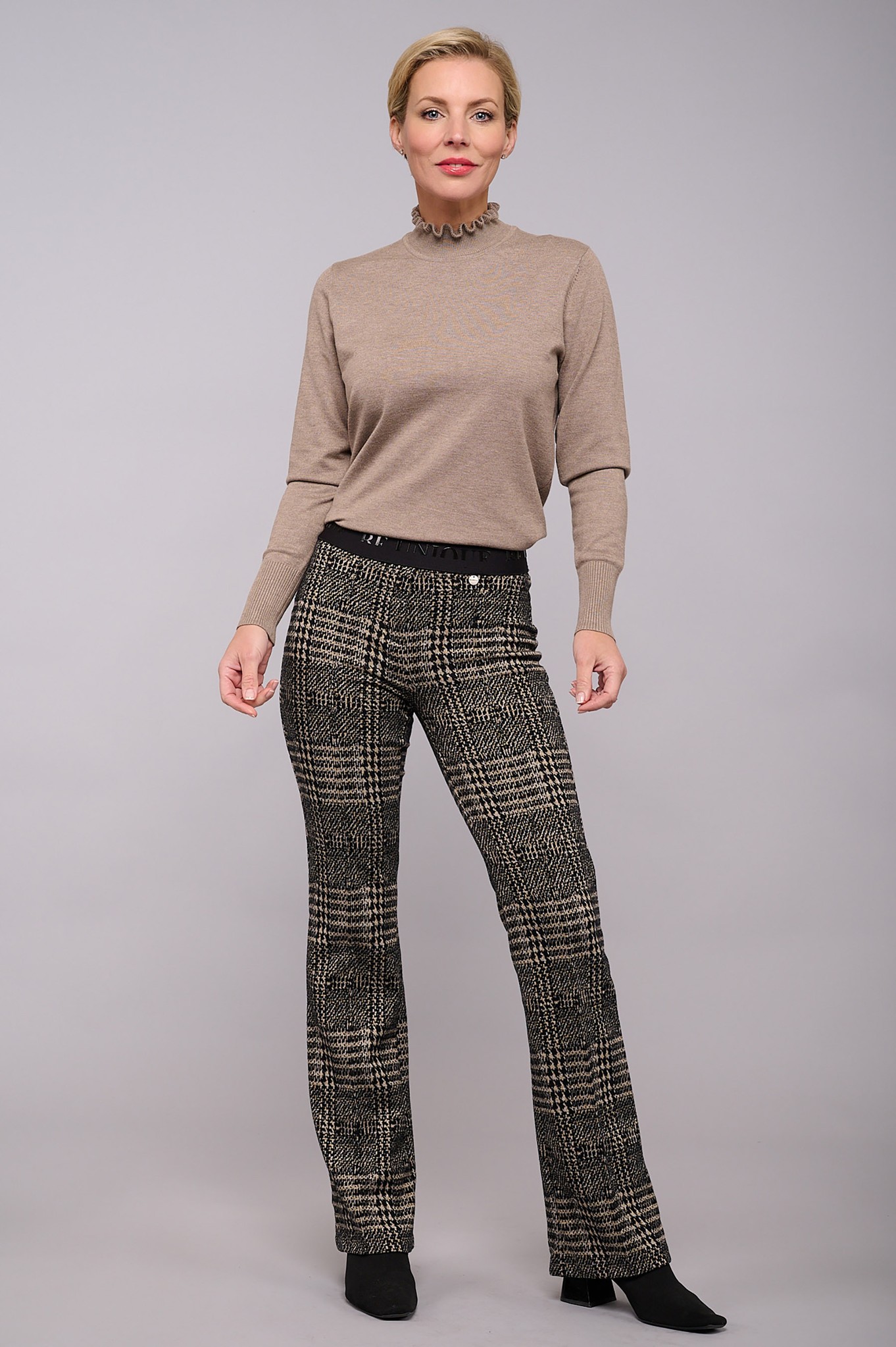 Robell Joella Heritage Check Bootleg Trouser Dark Brown 390