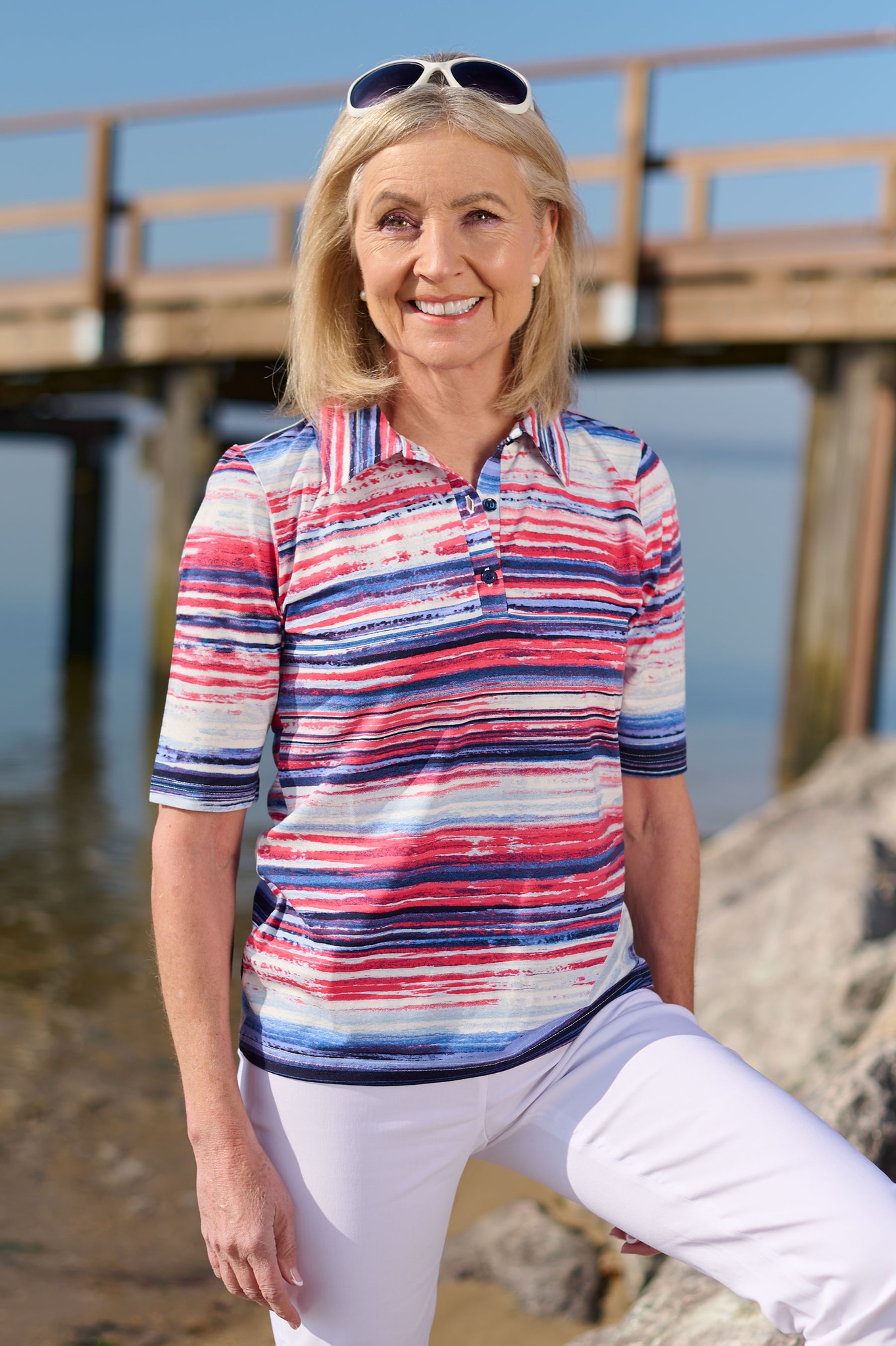 Sunday Lara Patterned Short Sleeved Polo Top Pink / Blue Multi 401