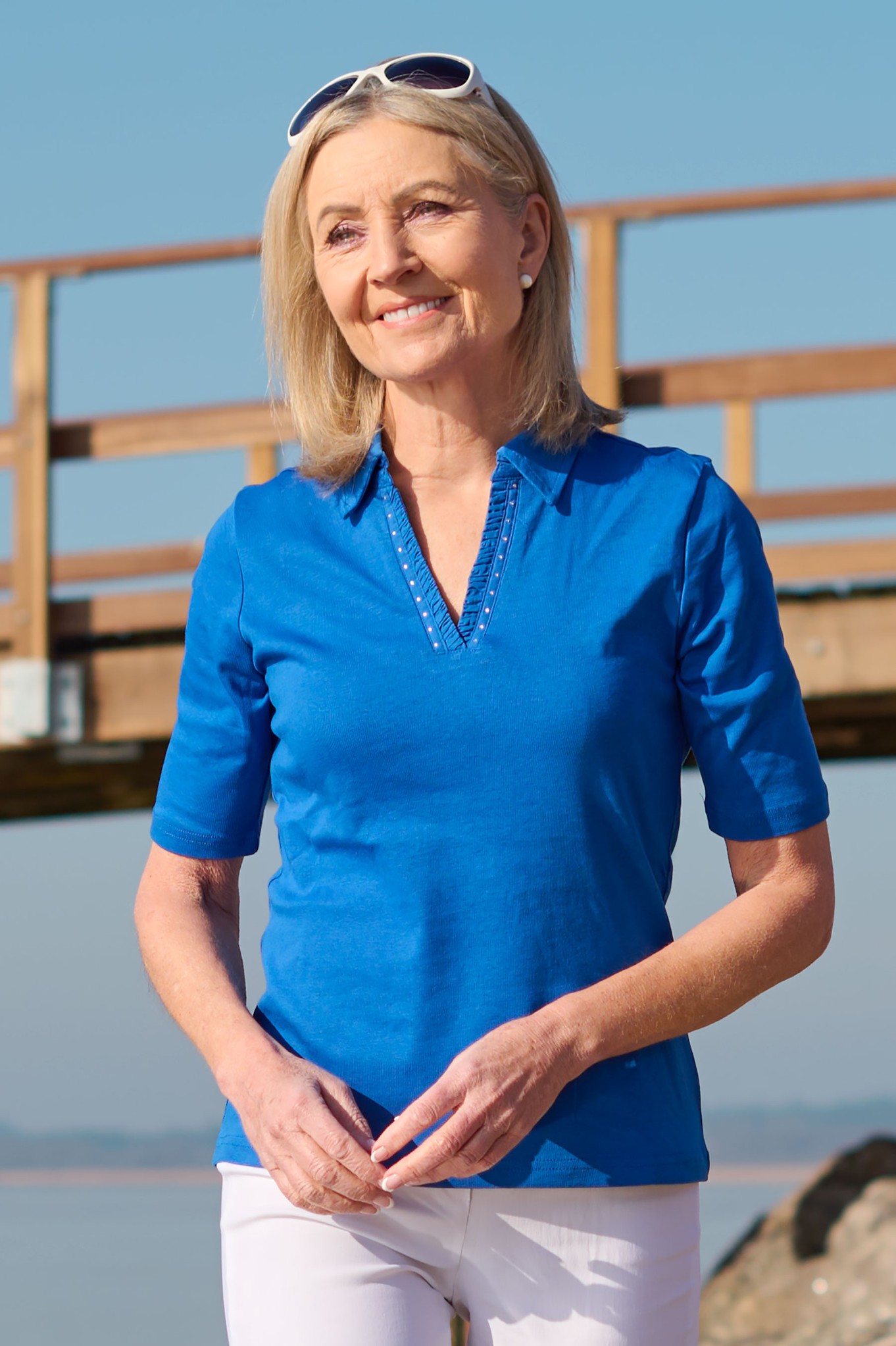 Sunday Diamante V-Neck Collared Cotton T-Shirt Nautical Blue 66-0