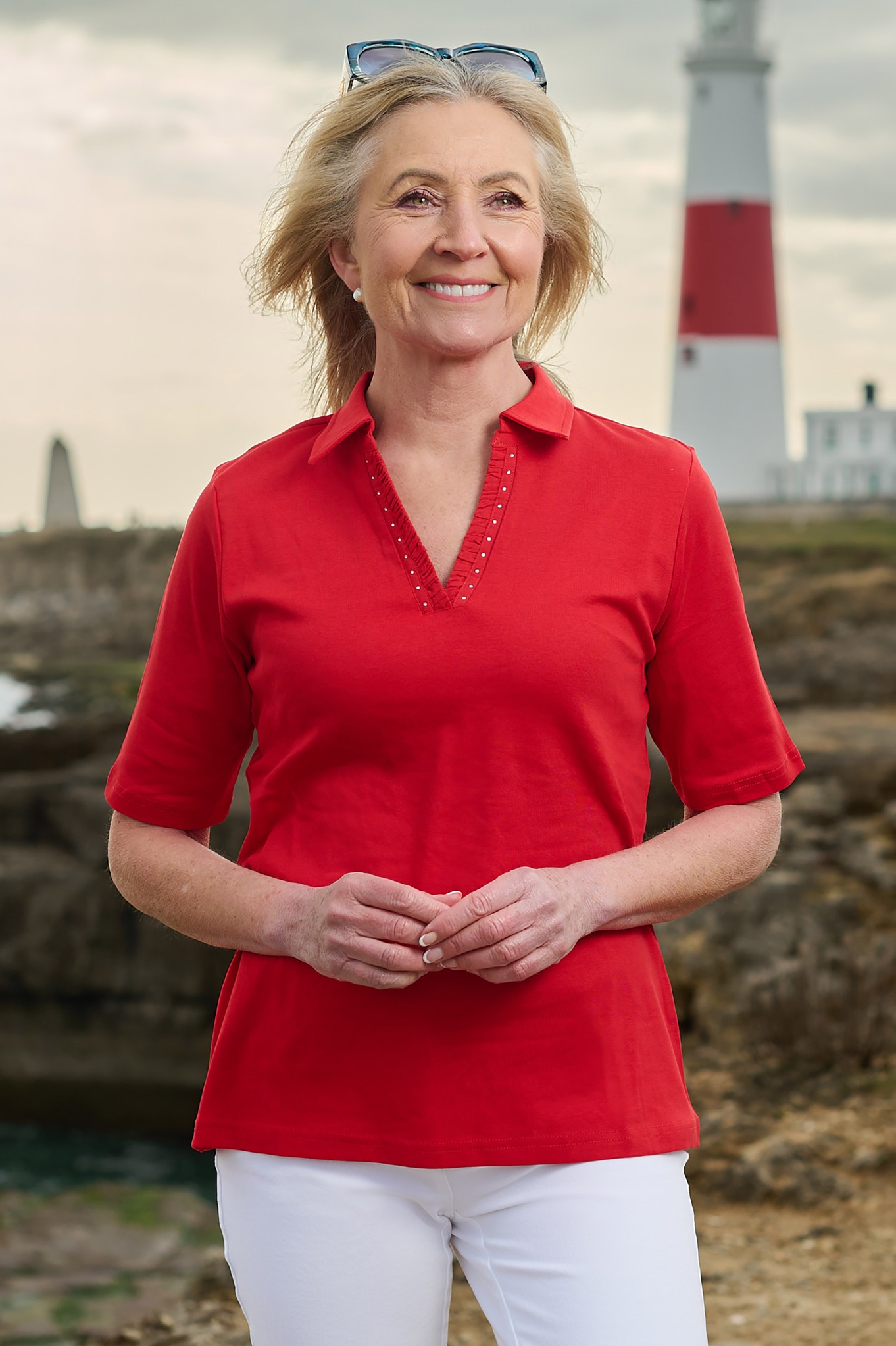 Sunday Diamante V-Neck Collared Cotton T-Shirt Red 401