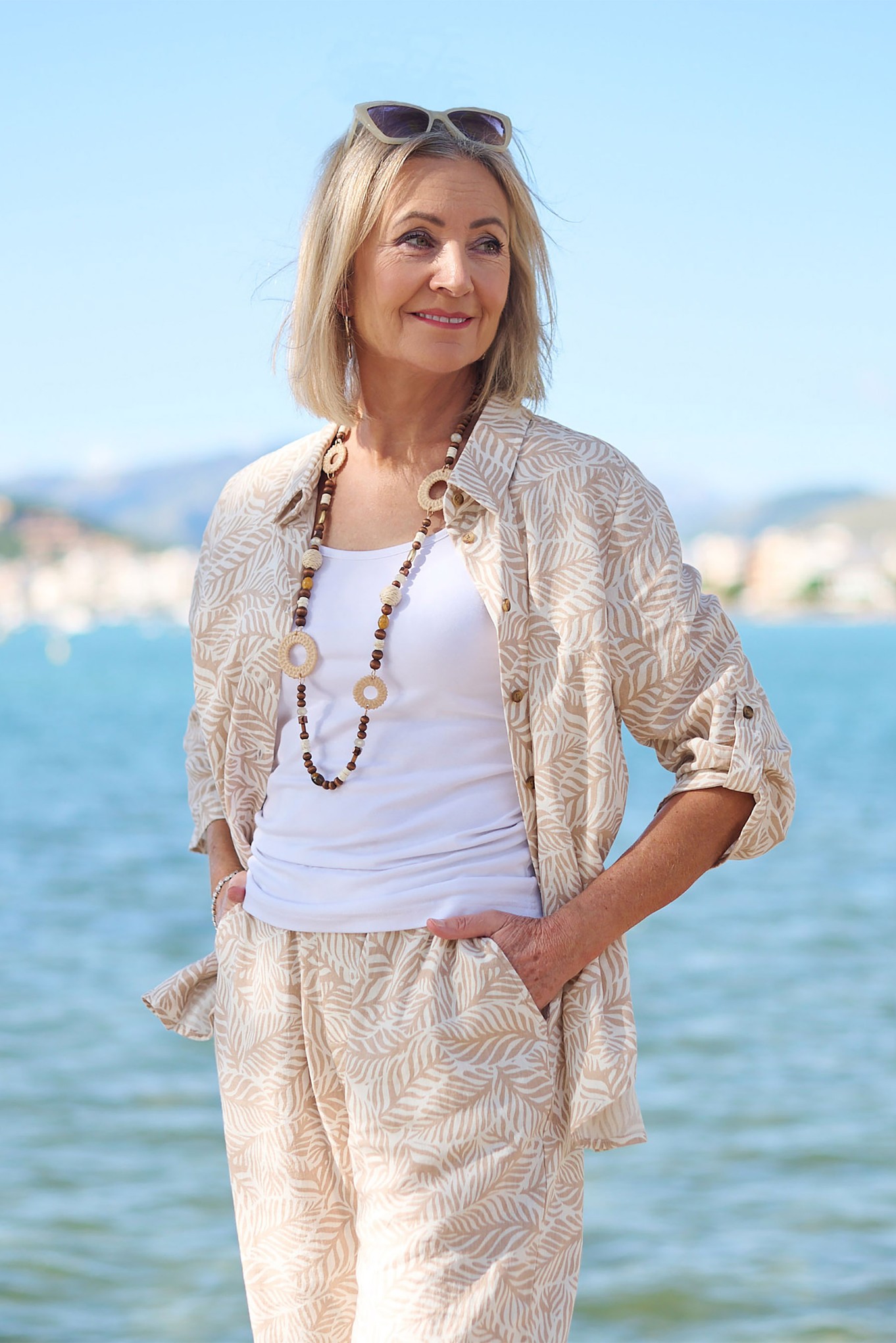 Sunday Palmira Palm Print Linen Shirt Beige 14