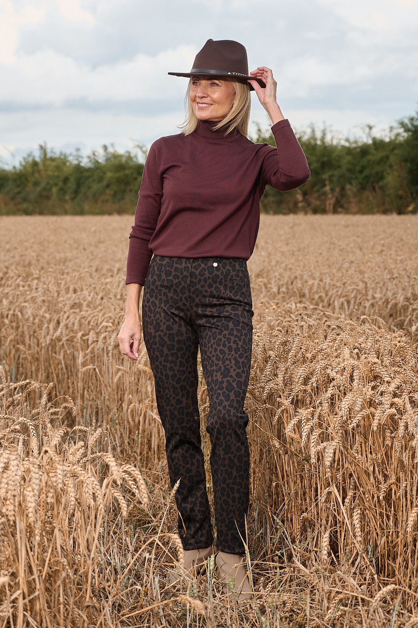 Robell Bella Leopard Print Jersey Trouser Brown 38