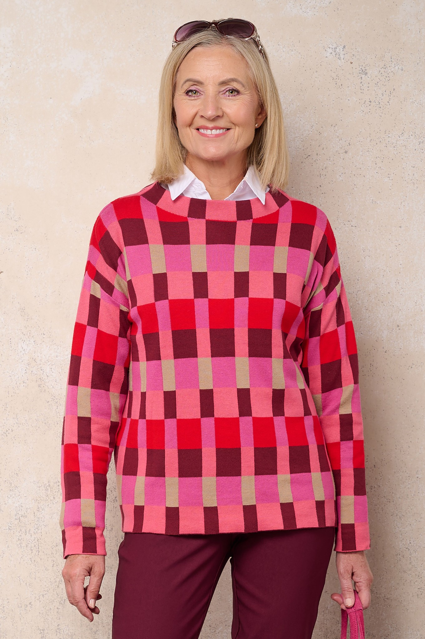 Sunday Scandi Check Block Jumper Pink 431