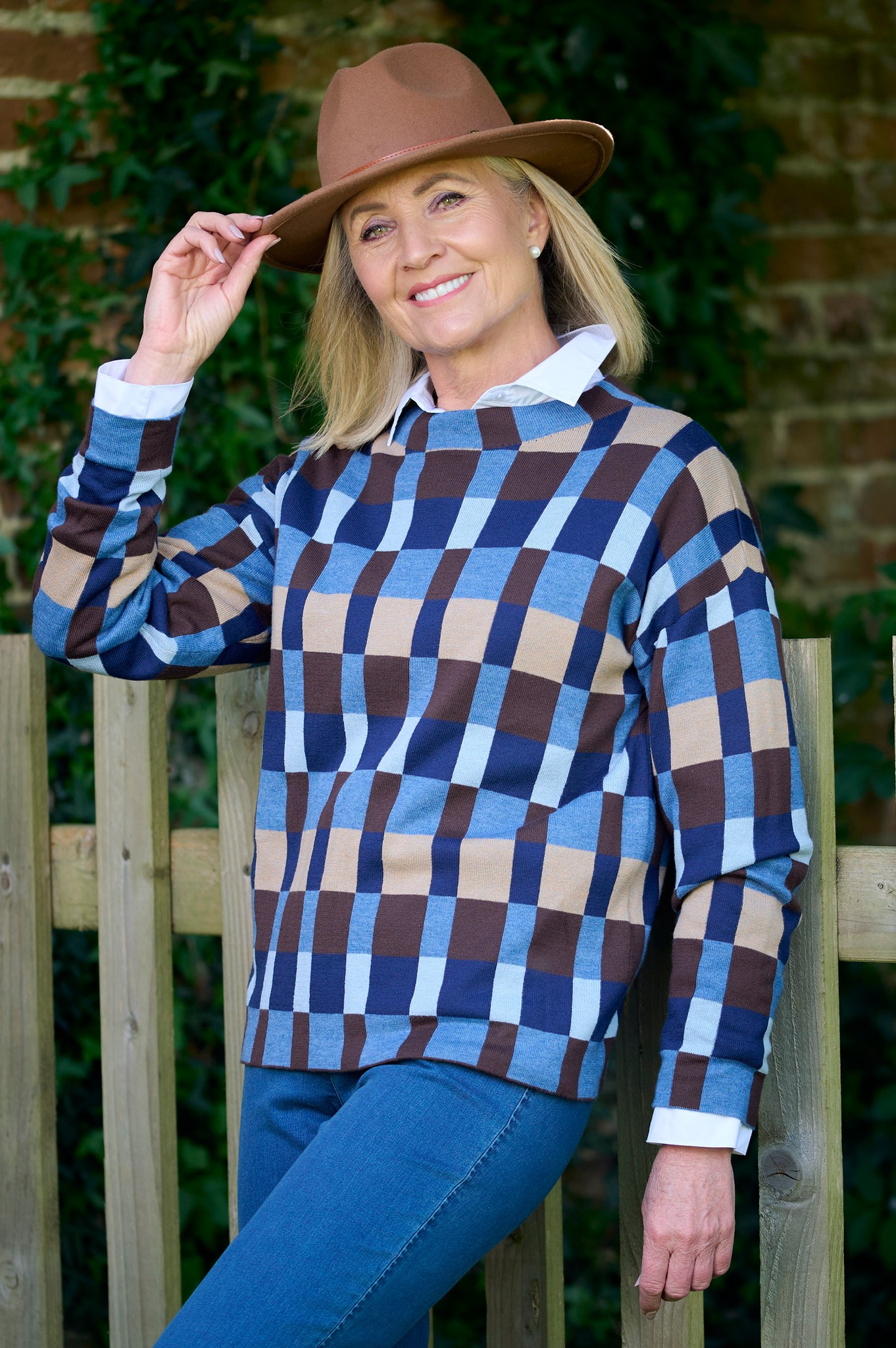 Sunday Scandi Check Block Jumper Indigo Blue 67