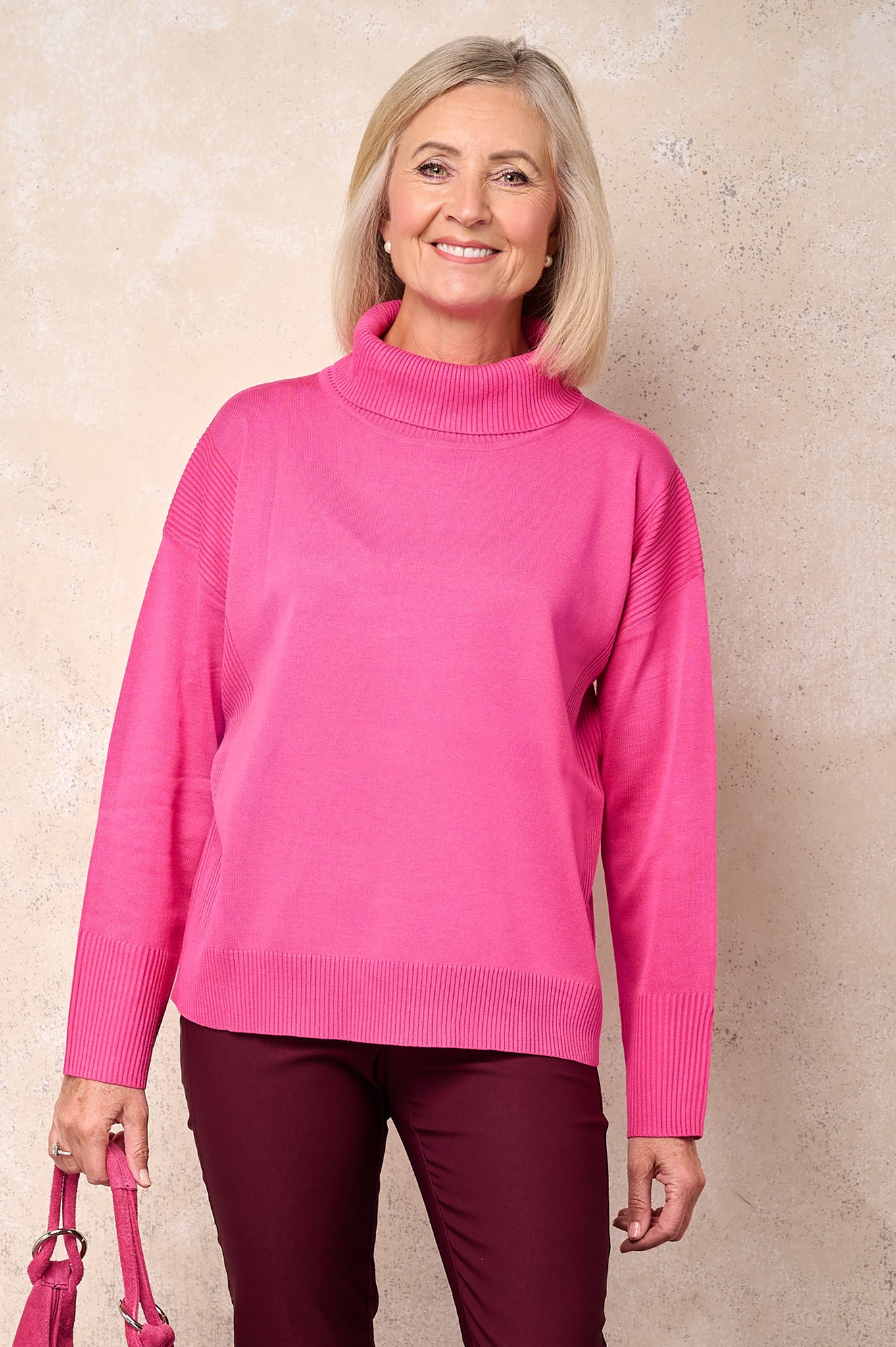 Sunday Ribbed Polo Neck Soft Knit Jumper Fuchsia Pink 551
