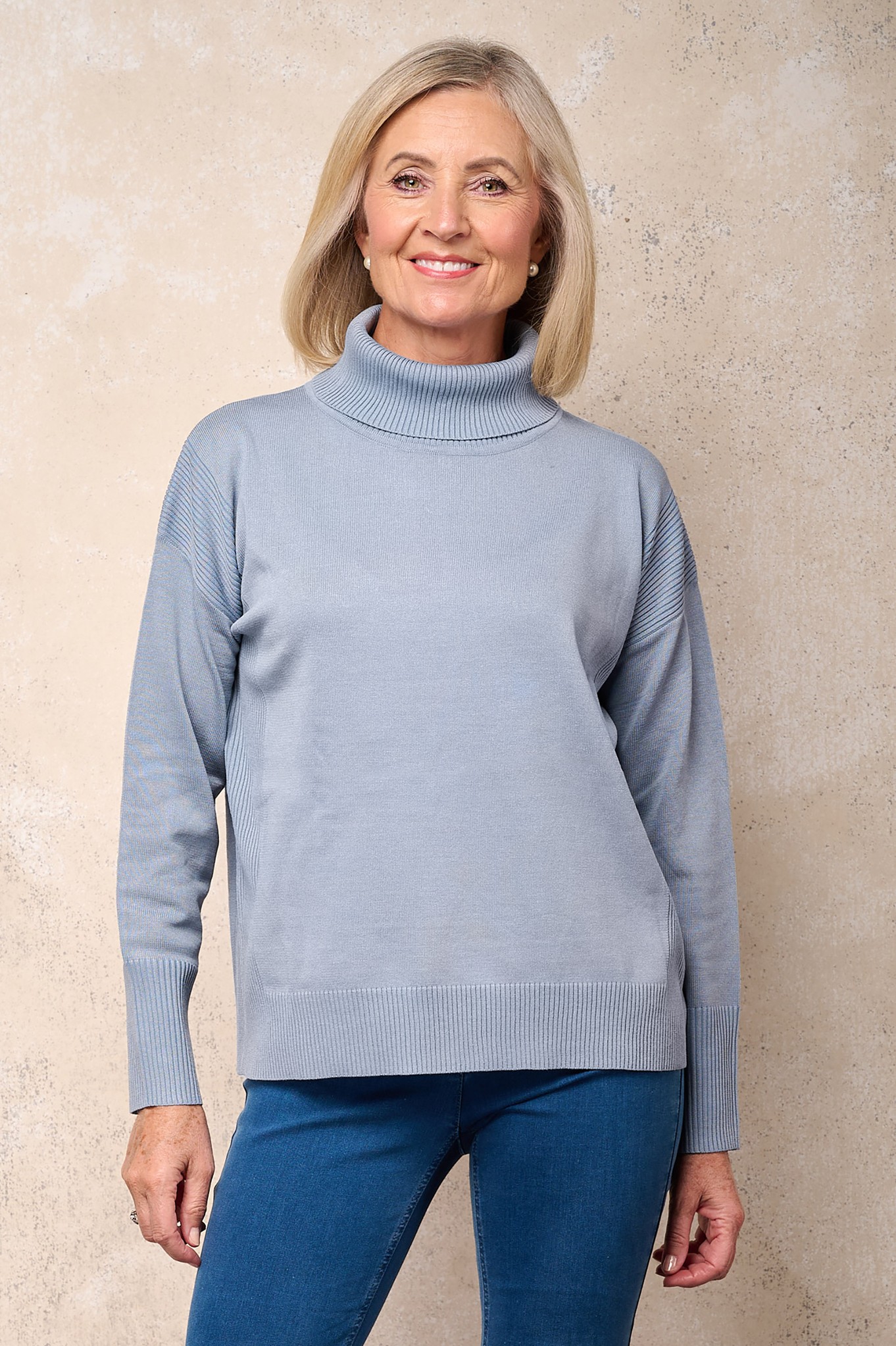 Sunday Ribbed Polo Neck Soft Knit Jumper Blue Ash 61