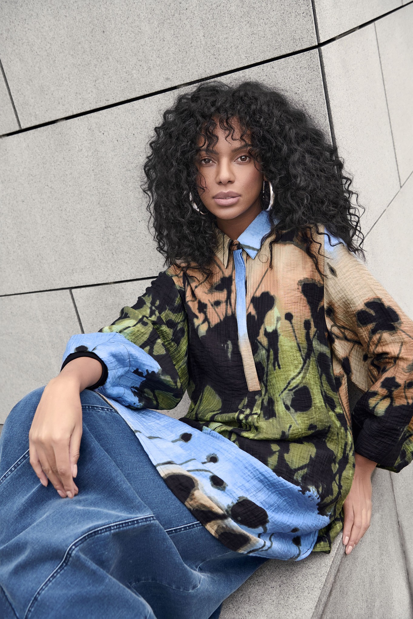 Noen Crinkle Print Tunic Shirt Blue Multi 12