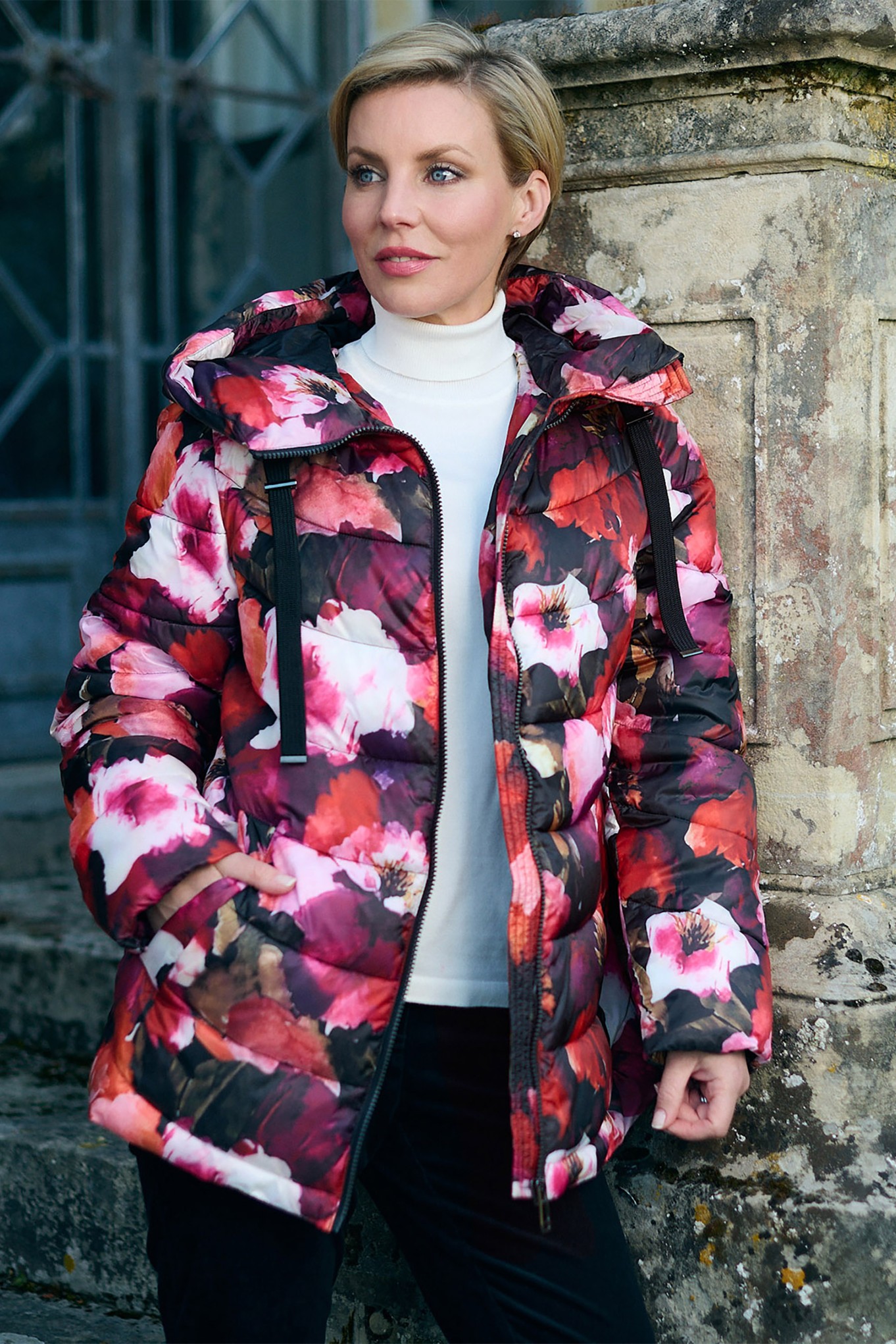 Frandsen Floral Print Quilted Puffer Jacket Claret Multi Pattern 4090