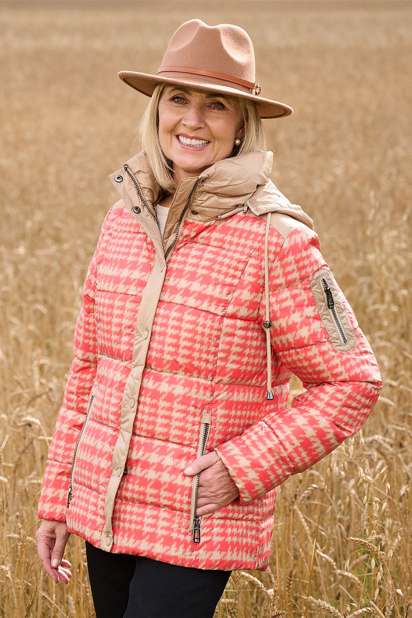 Frandsen Houndstooth Quilted Puffer Jacket Fusion Coral Mix 4615