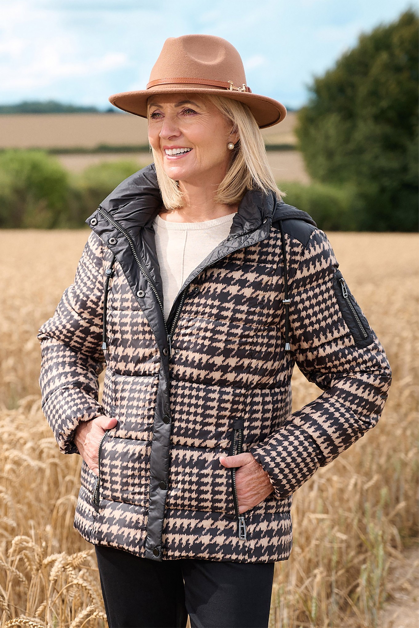 Frandsen Houndstooth Quilted Puffer Jacket Black Mix 9090