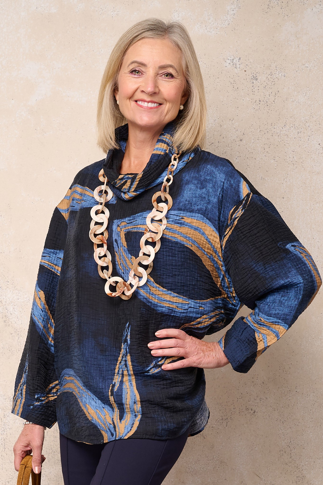 Noen Ansa Abstract Roll Cowl Neck Top Navy 69