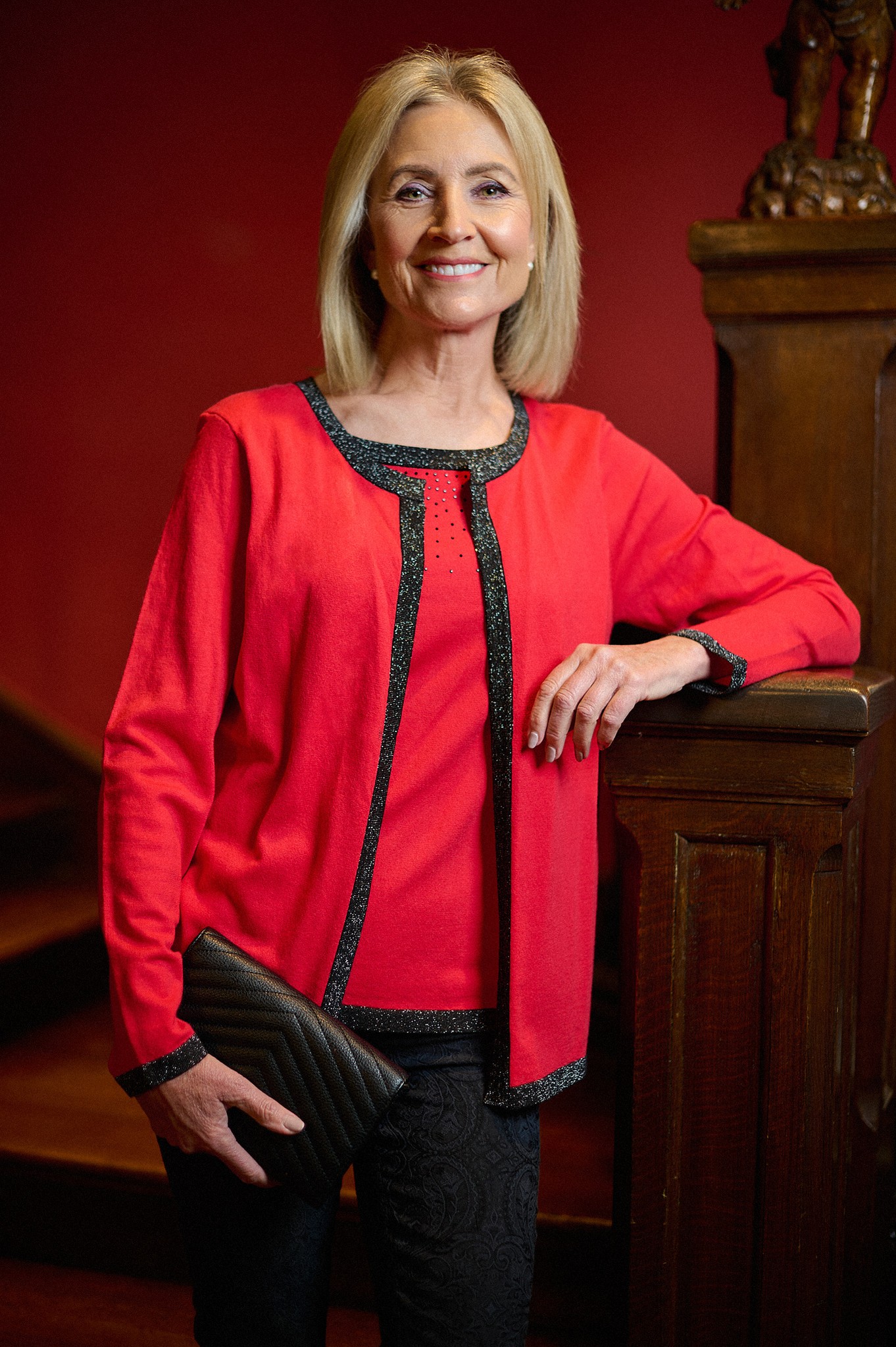 Habella Sparkle Edge Mock-Front Cardigan Red 40