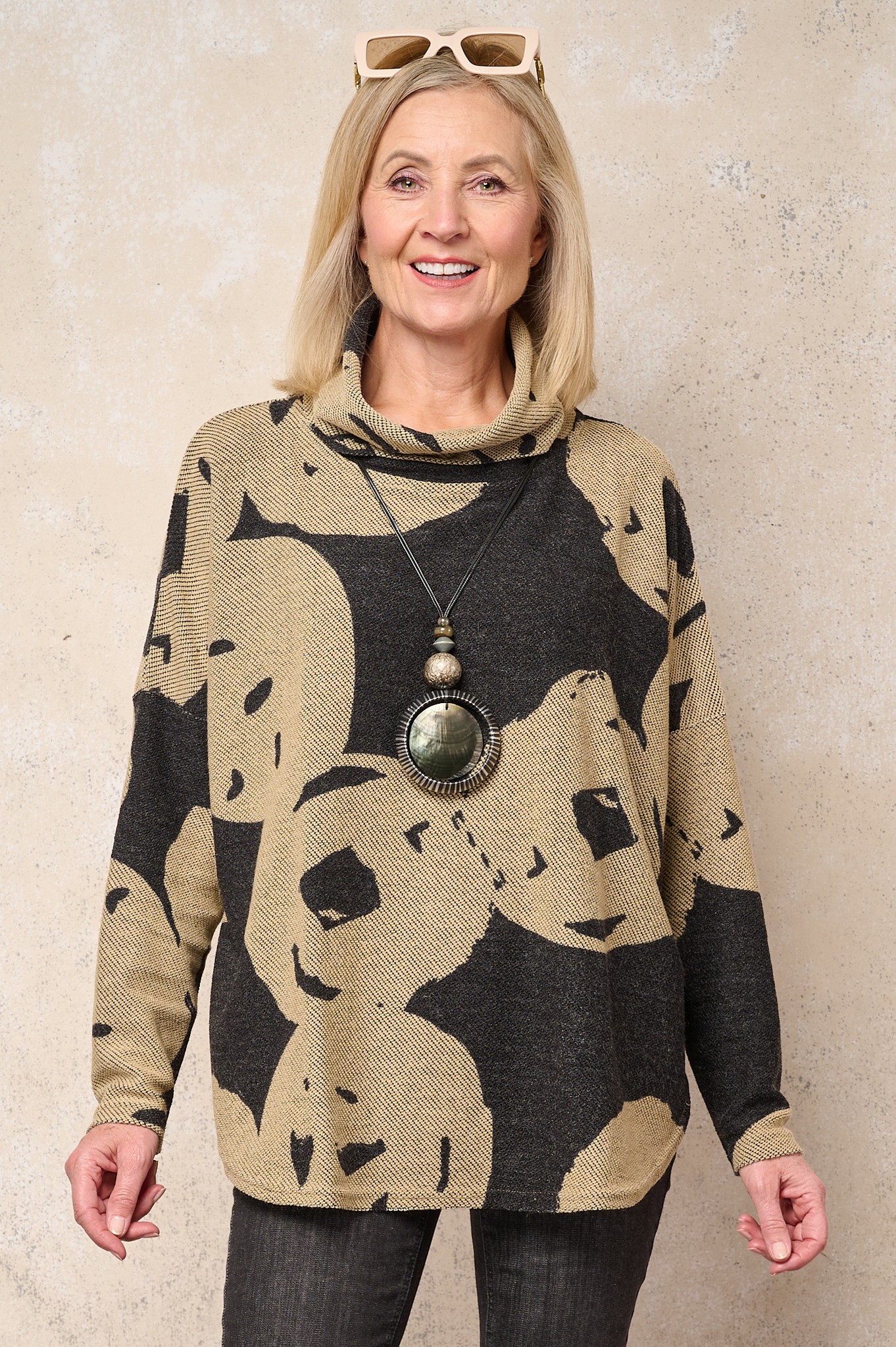 Noen Cowl Neck Jacquard Tunic Slate / Sand 98