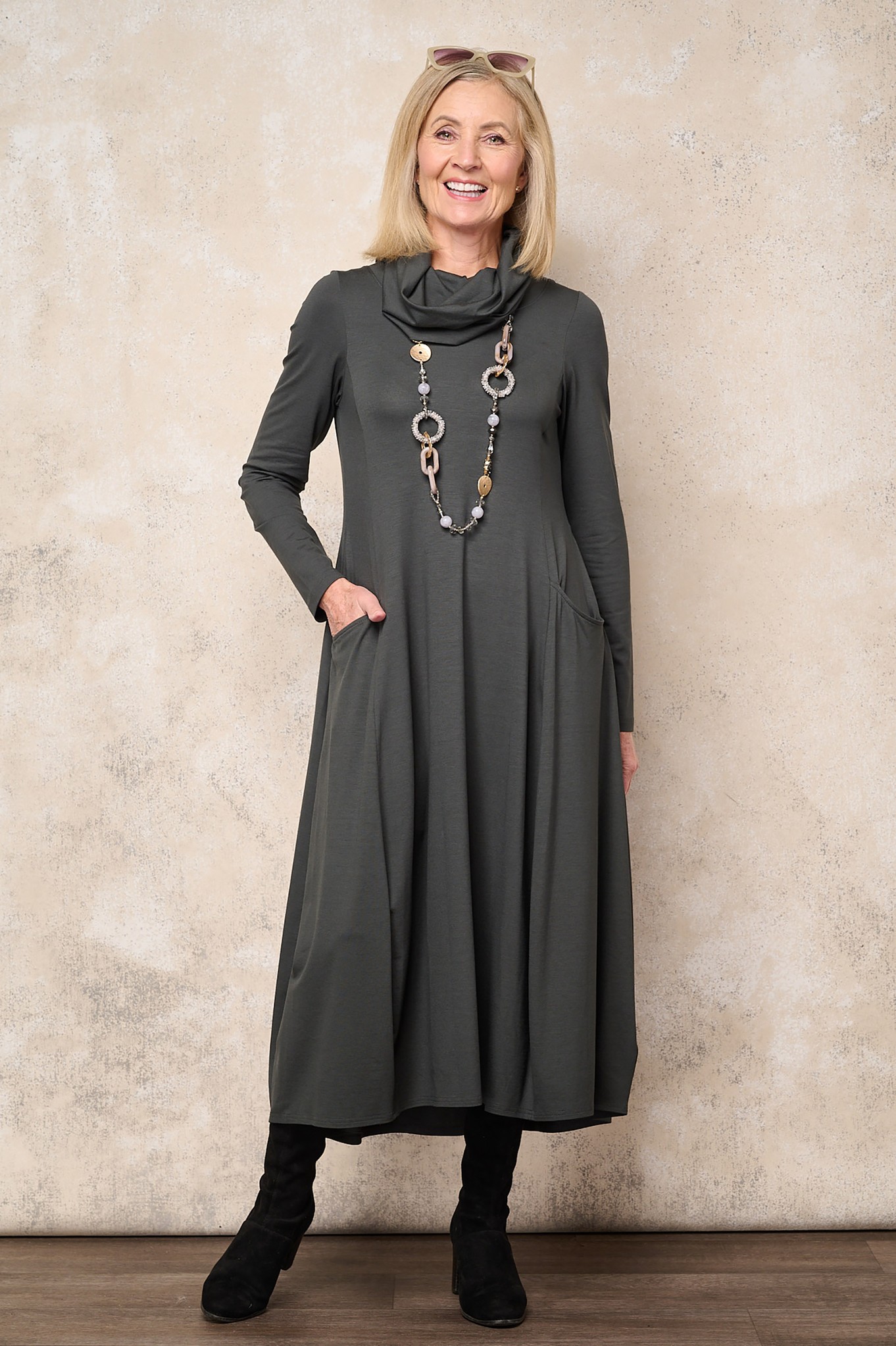 Noen Cowl Collar Jersey Dress Onyx Grey 985