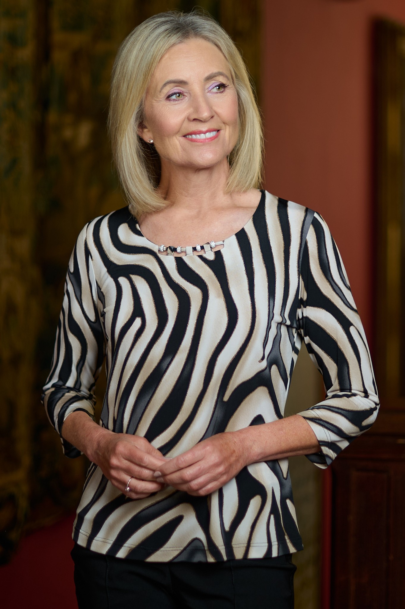 Habella Charm Neck Top – Abstract Animal Print Beige 14