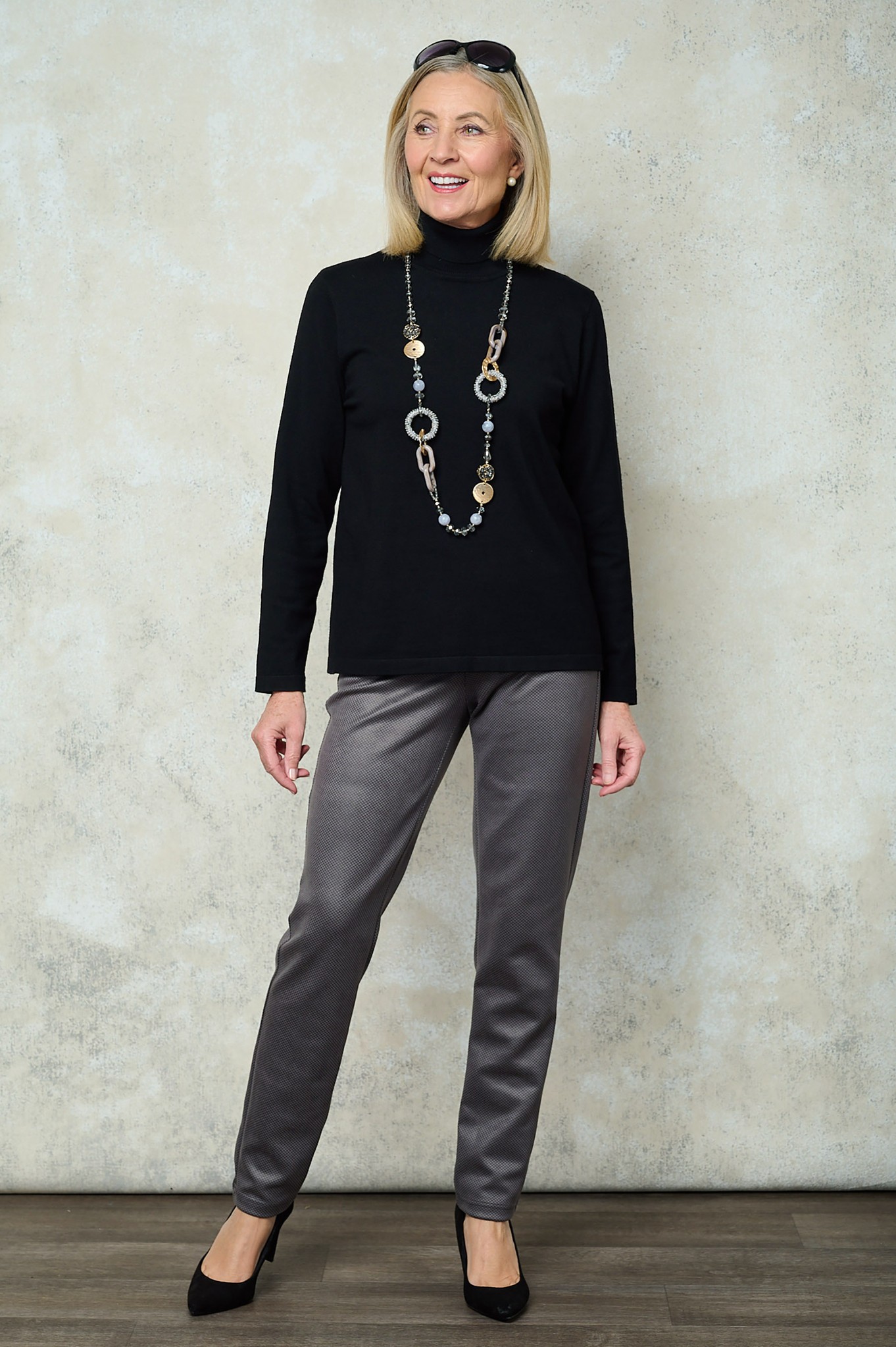 Bella Cuboid Geo Pattern Trousers Dark Grey 95