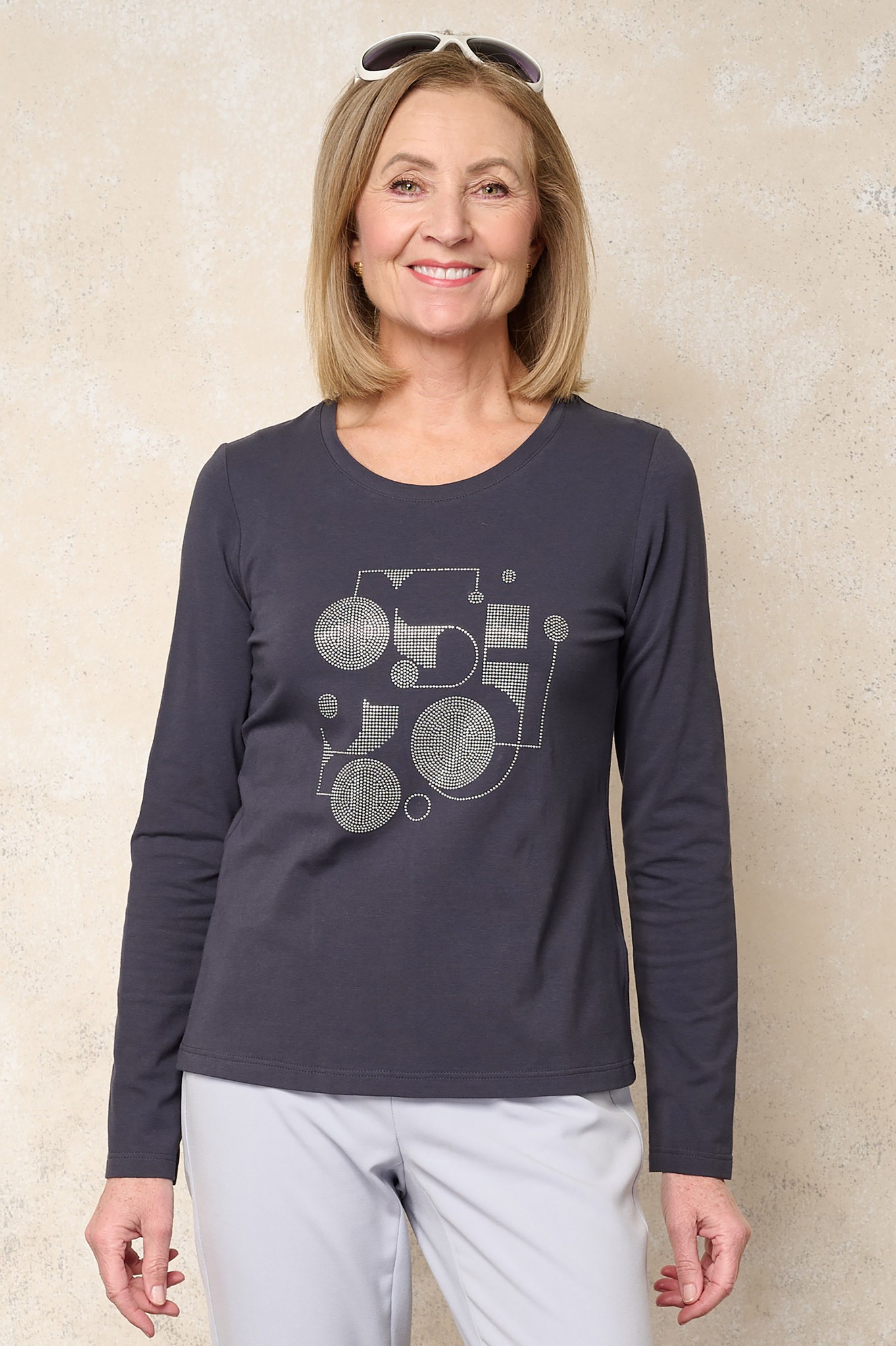 I’cona Embellished Metal Logo Jersey Top Graphite Blue 950