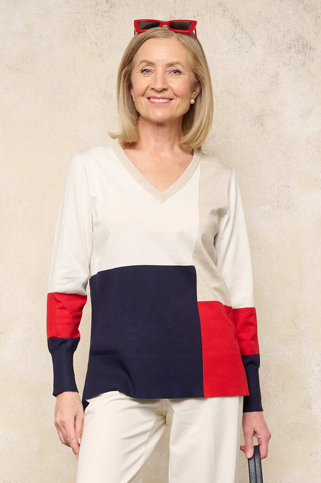 Sunday Arita V Neck Block Jumper Navy 69